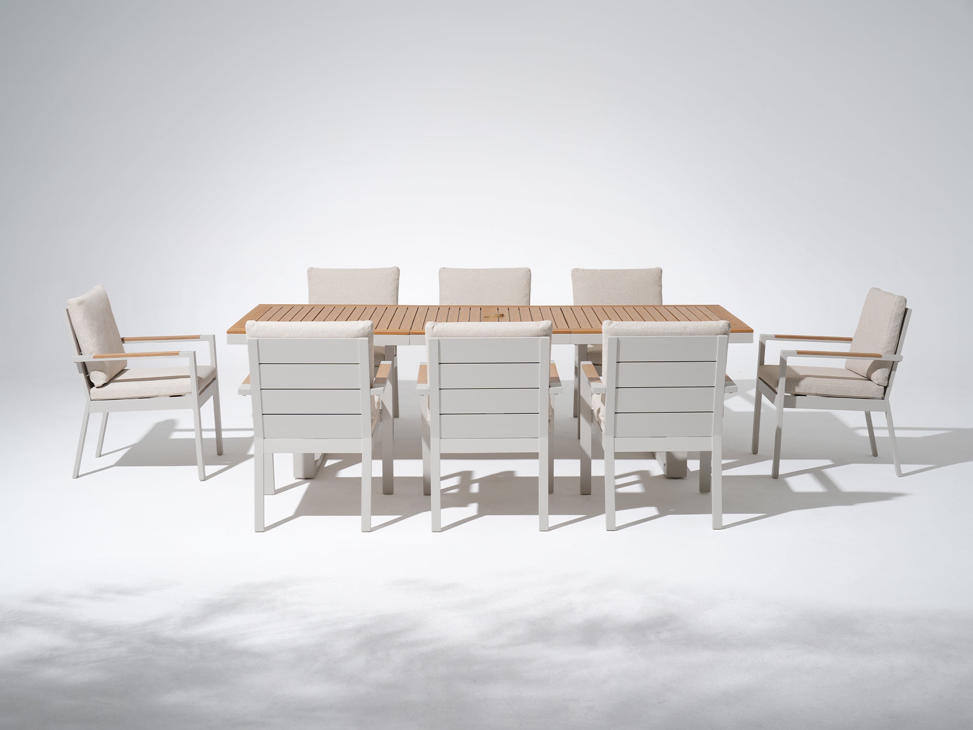 white aluminum patio dining set for 8 with umbrella hole, wood tabletop and wood armrest, white cushions - Jardina Premium Modern Outdoor Dining Furniture#Style_8 Chairs + 1 Table