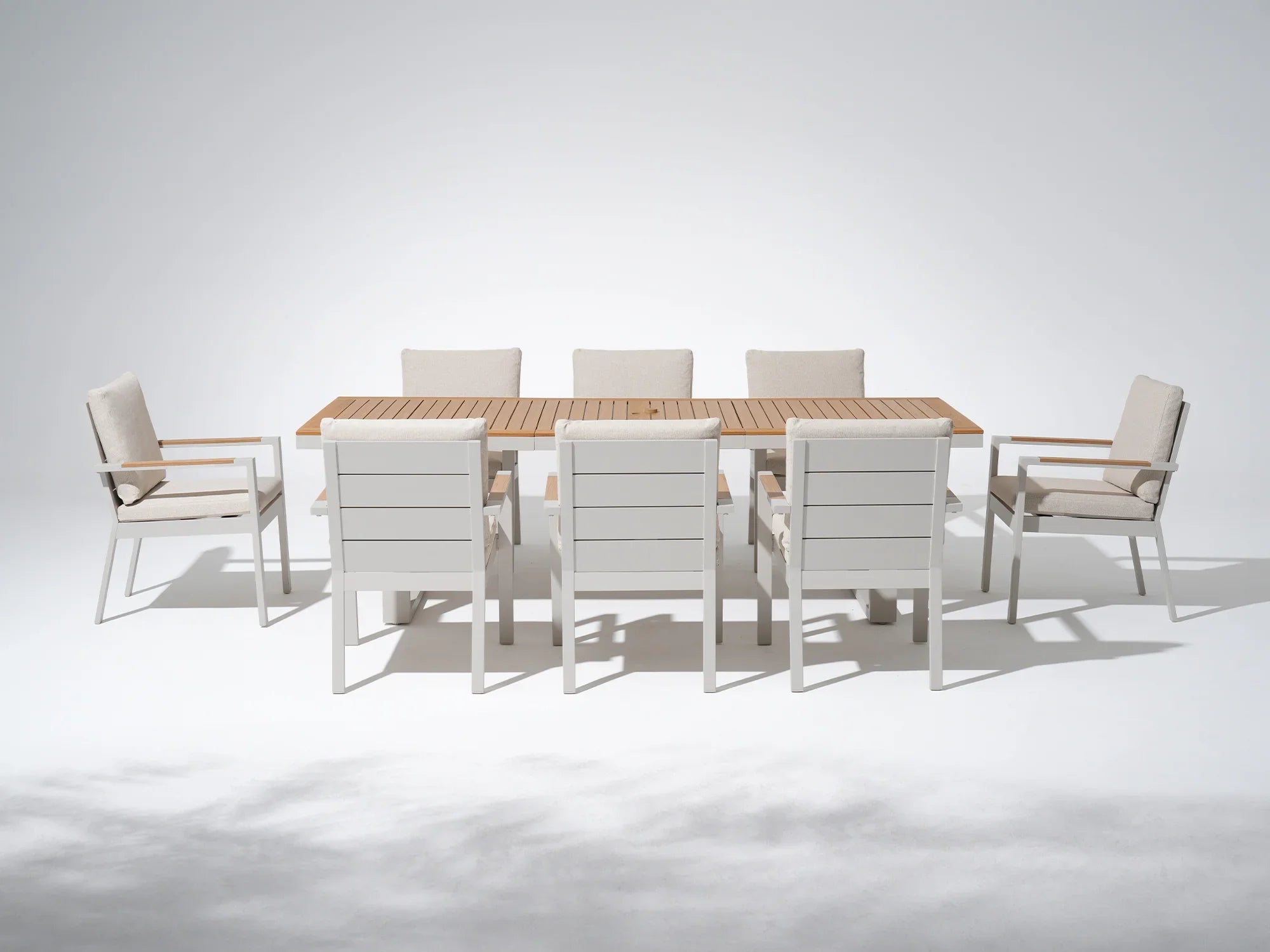 8 piece patio dining set with umbrella Addison Outdoor Aluminum Dining Set, Light Beige Frame, Umbrella Hole,