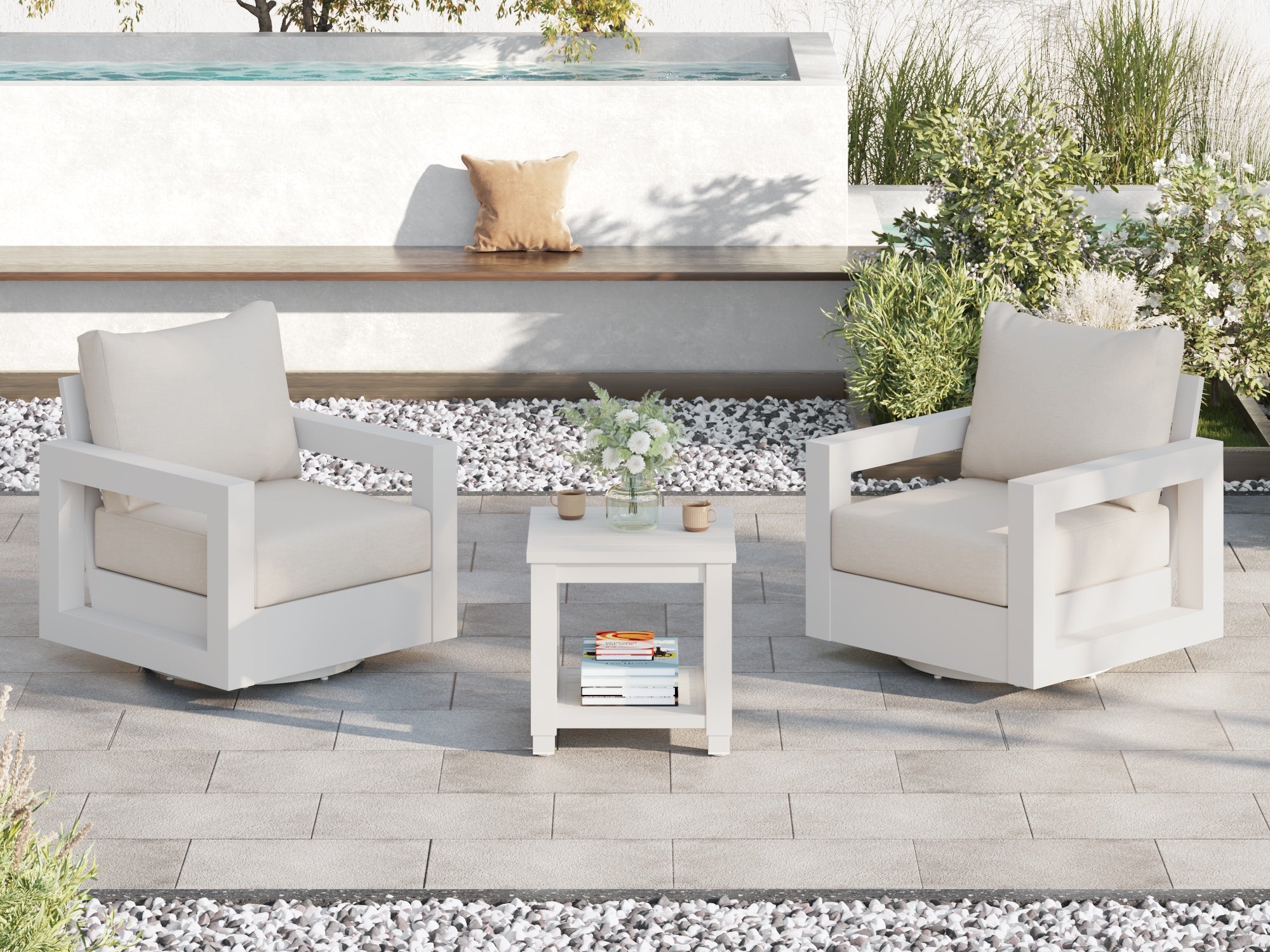 White outdoor furniture bistro set with cushions, aluminum swivel chairs