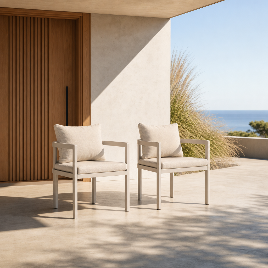 Sova Aluminum Outdoor Dining Chair, Warm Greige Frame & Linen Cushions Set of 2/4/6