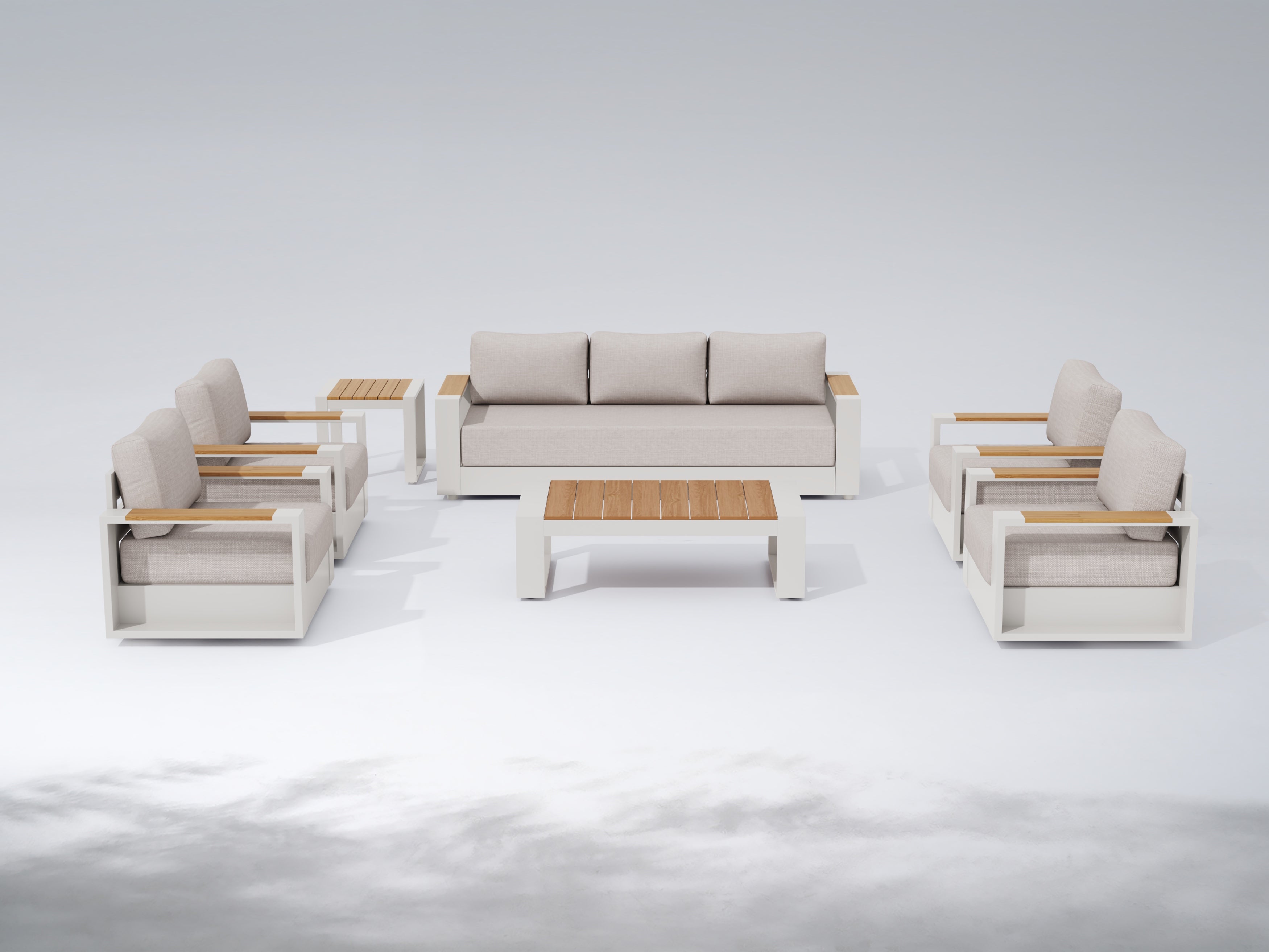 Addison Modern Metal Outdoor Sofa Set, Oyster White Aluminum Frame, Swivel Chairs
