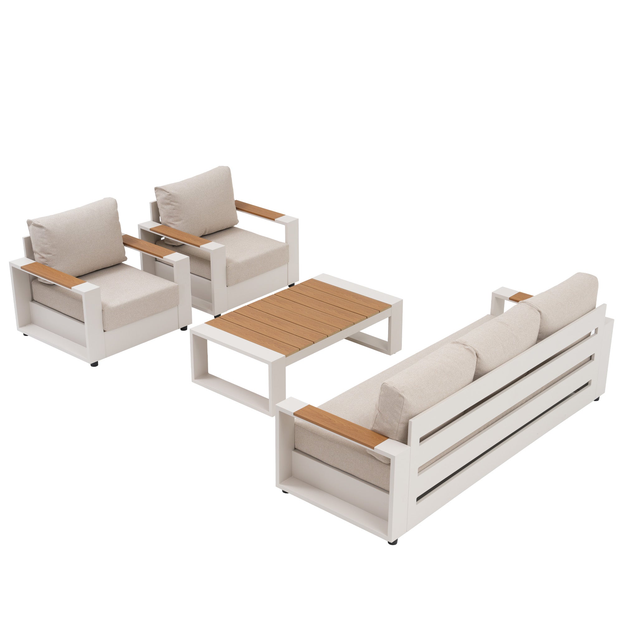 Addison Modern Metal Outdoor Sofa Set, Light Beige Aluminum Frame, Linen Olefin Cushion