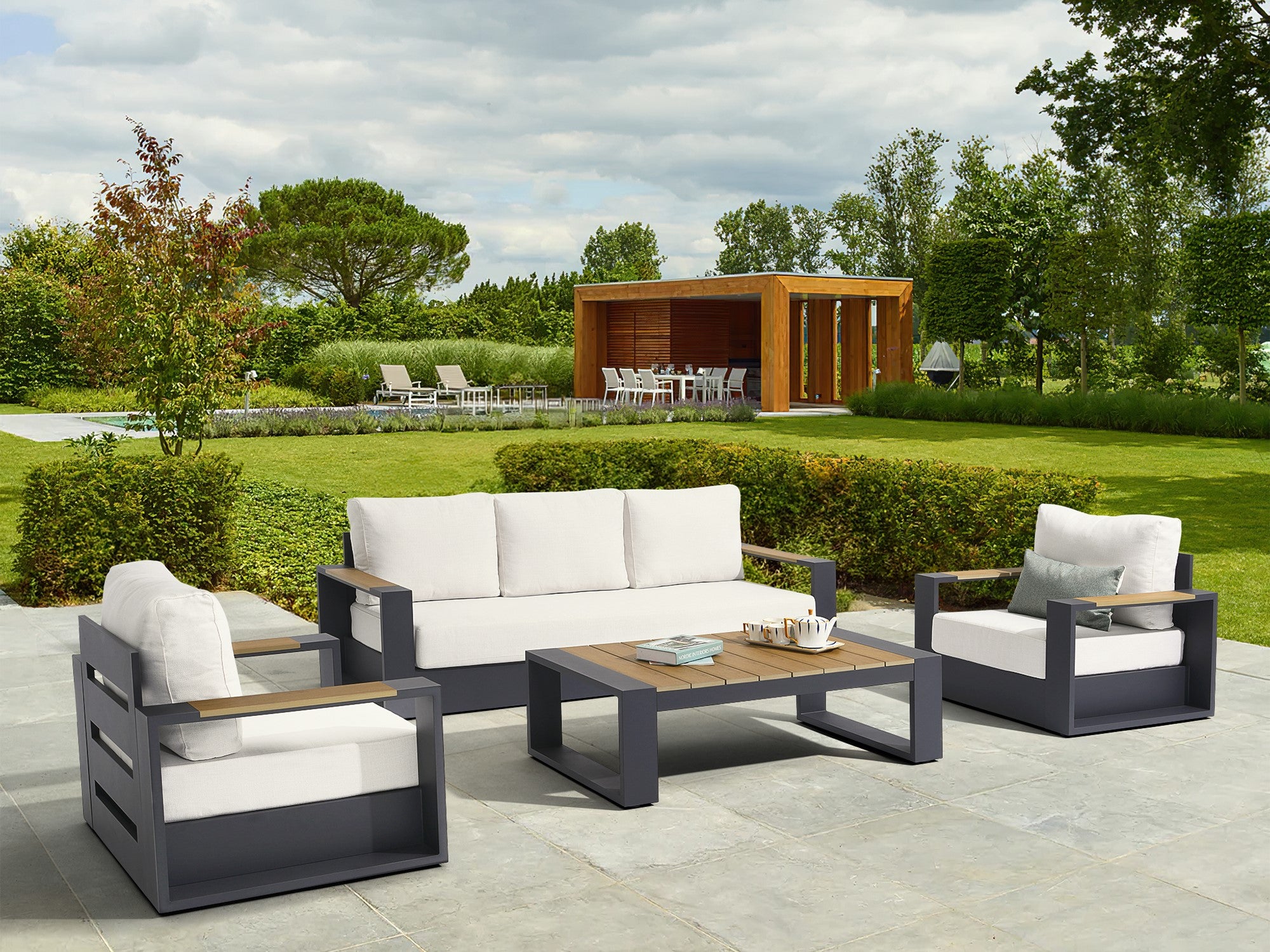 5-seats Modern Metal Outdoor conversation sofa set, Dark Grey Aluminum Frame, White Cushions, a 3-seat sofa, two single sofa armchairs with wood-top armrests, a rectangular outdoor coffee table with wood-top - Jardina Premium Modern Outdoor Patio Furniture Set