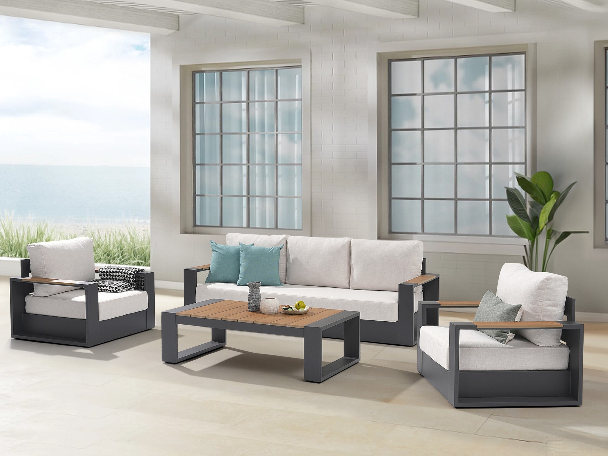5-seats Modern Metal Outdoor conversation sofa set, Dark Grey Aluminum Frame, White Cushions, a 3-seat sofa, two single sofa armchairs with wood-top armrests, a rectangular outdoor coffee table with wood-top - Jardina Premium Modern Outdoor Patio Furniture Set