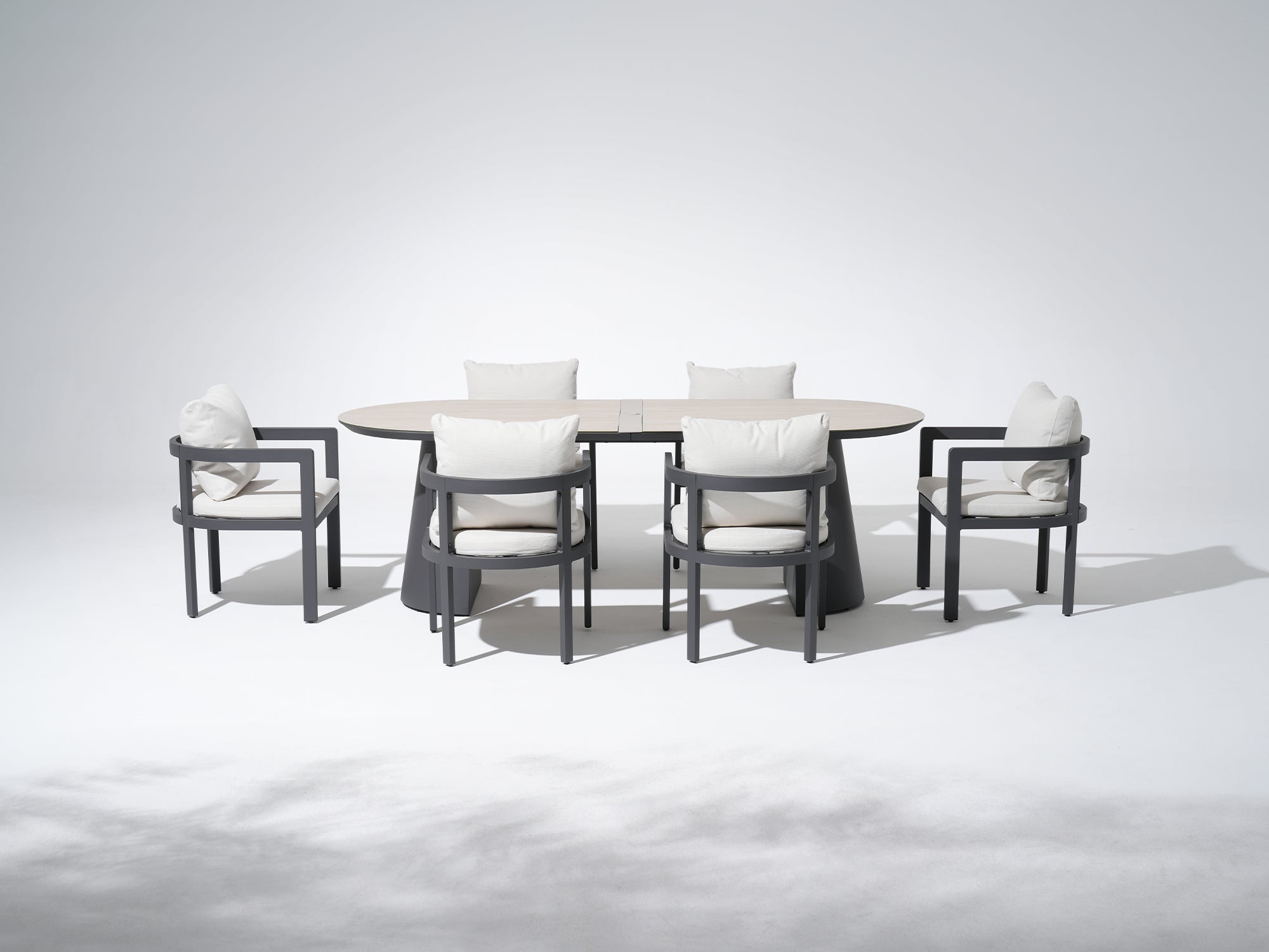 Outdoor Aluminum Dining set for 6 with umbrella hole, Dark Grey Frame & Tempered Glass Tabletop - Jardina Premium Modern Outdoor Dining Furniture