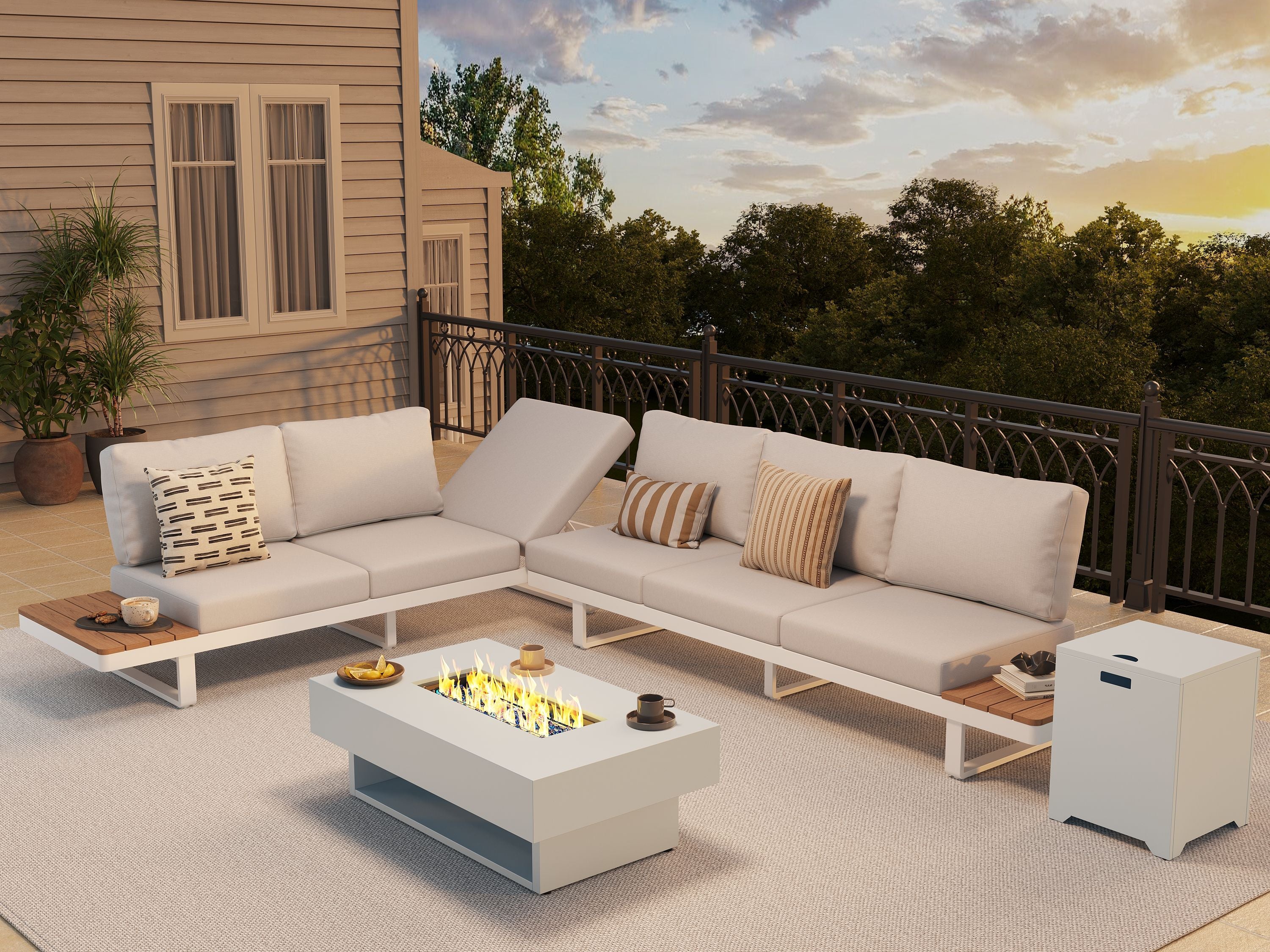 aluminum Outdoor patio sectional set with fire pit table on a deck