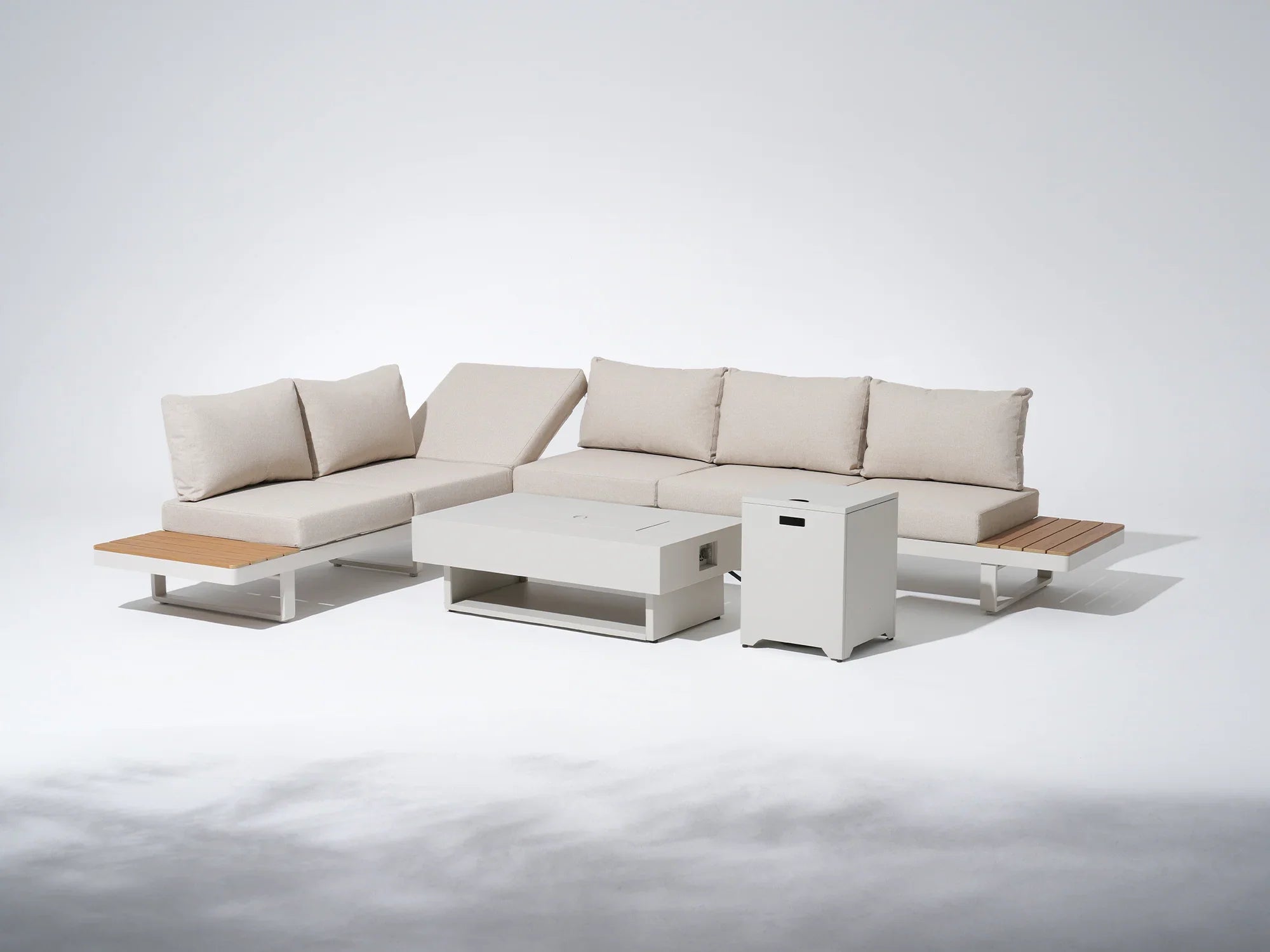 Addison Modern Outdoor Aluminum L-Shape Sectional Sofa Set with Fire Pit Table, Natural Frame & Linen Cushions