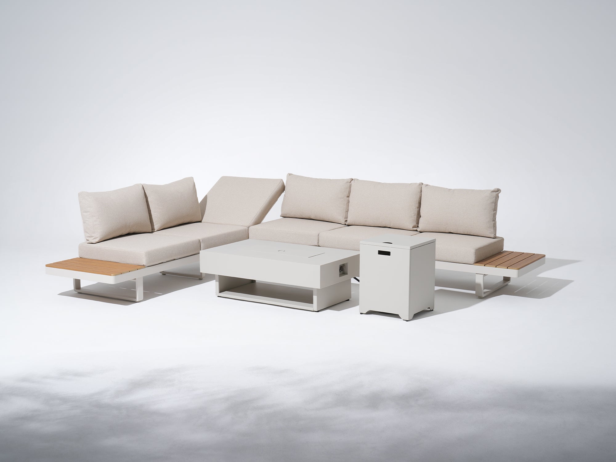 Addison Modern Outdoor Aluminum L-Shape Sectional Sofa Set with Fire Pit Table, Oyster White Frame & Linen Cushions