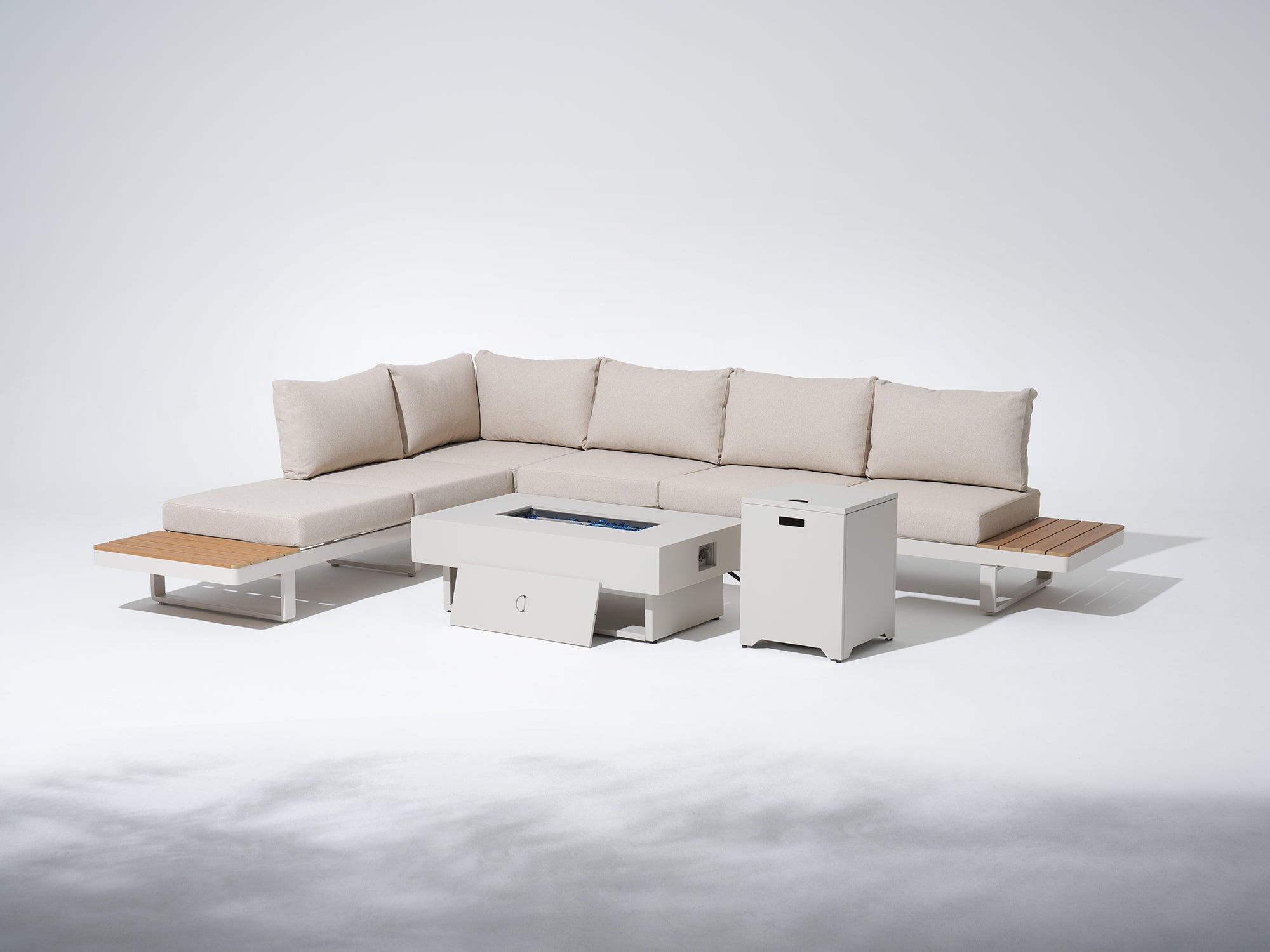 Modern Outdoor Aluminum L-Shape Sectional Sofa Set with Fire Pit Table, Natural Frame & Linen Cushions