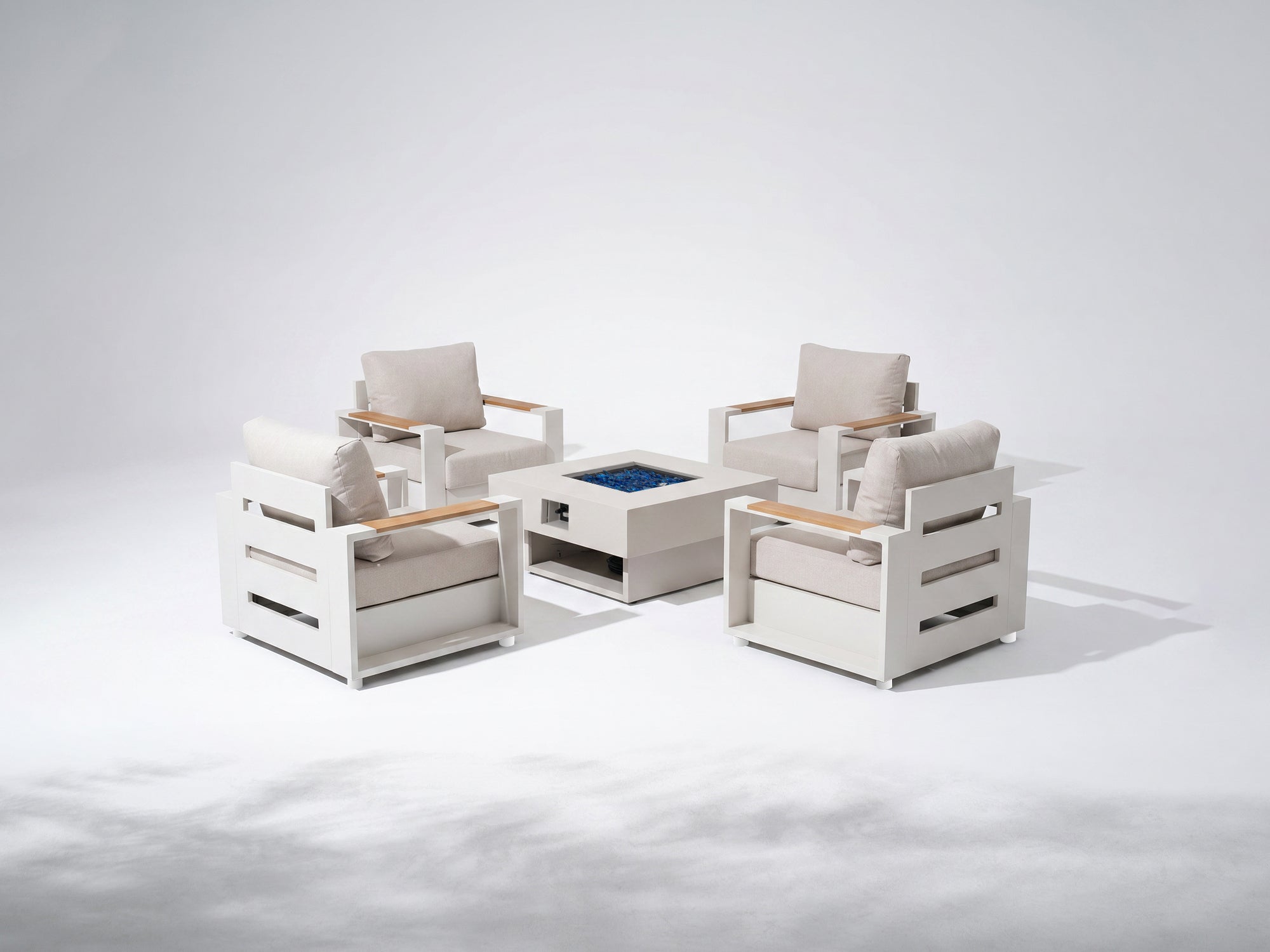 Addison Oyster White Outdoor Aluminum Lounge Chair Set with Square Fire Pit Table, Linen Olefin Cushion
