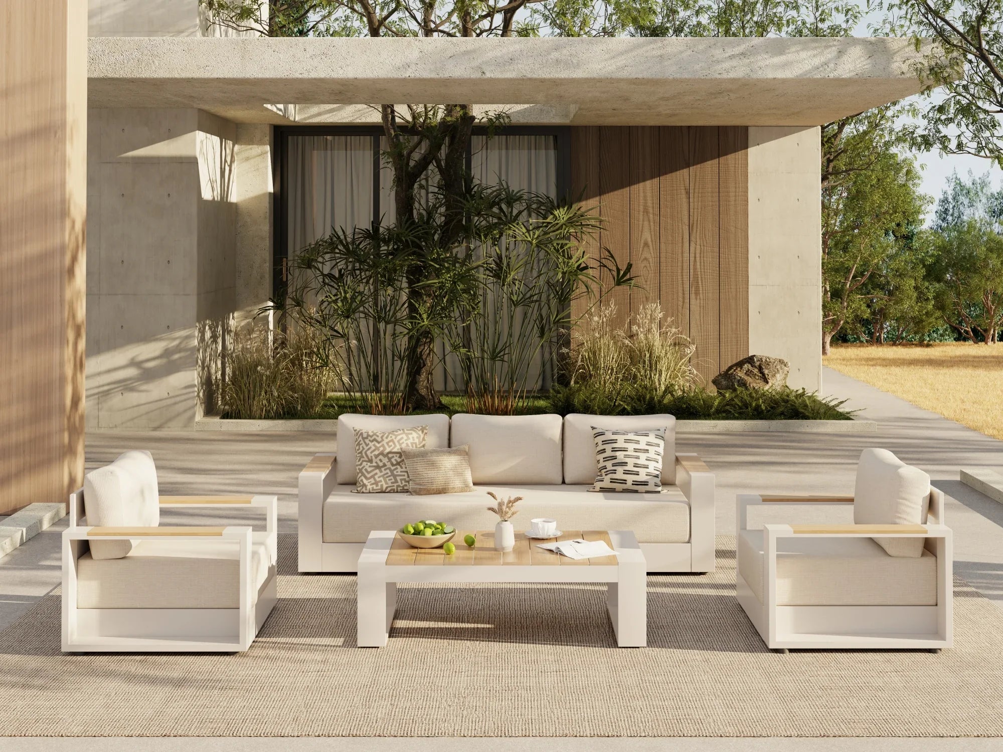 Addison Modern Metal Outdoor Sofa Set, Light Beige Aluminum Frame, Linen Olefin Cushion