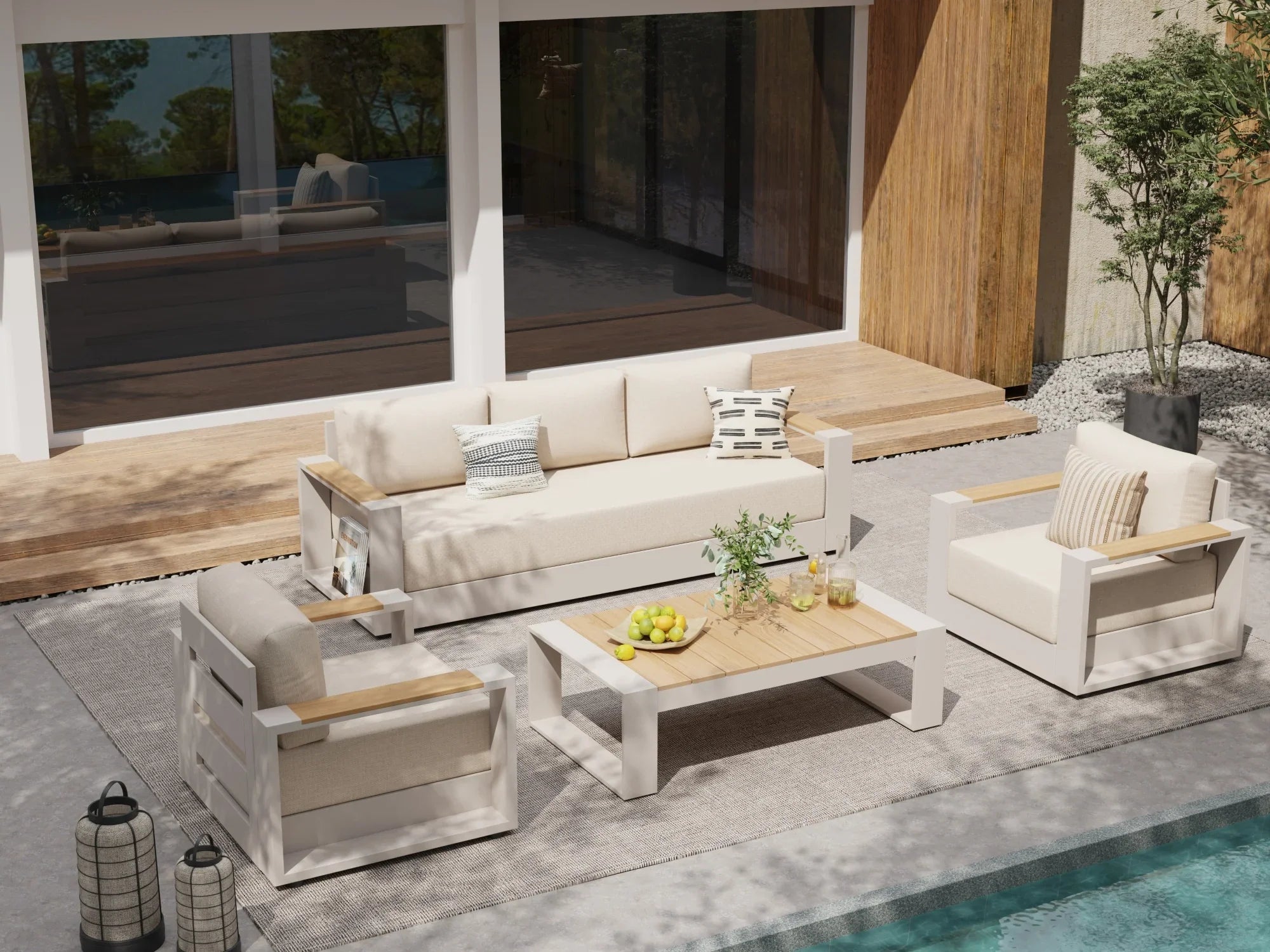 Addison Modern Metal Outdoor Sofa Set, Light Beige Aluminum Frame, Linen Olefin Cushion