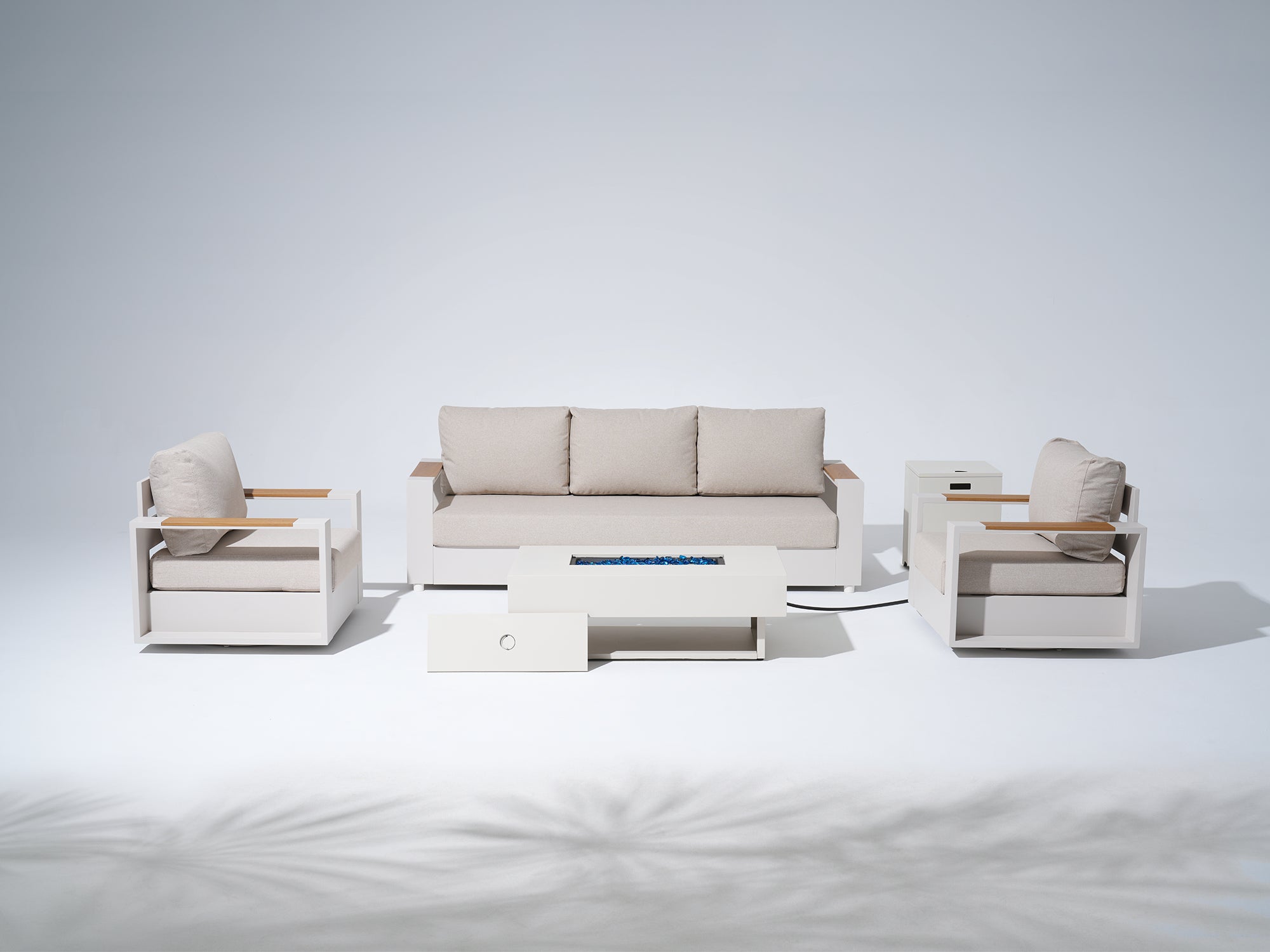 Addison Oyster White Aluminum Outdoor Conversation Set with Fire Pit Table, Linen Olefin Cushion