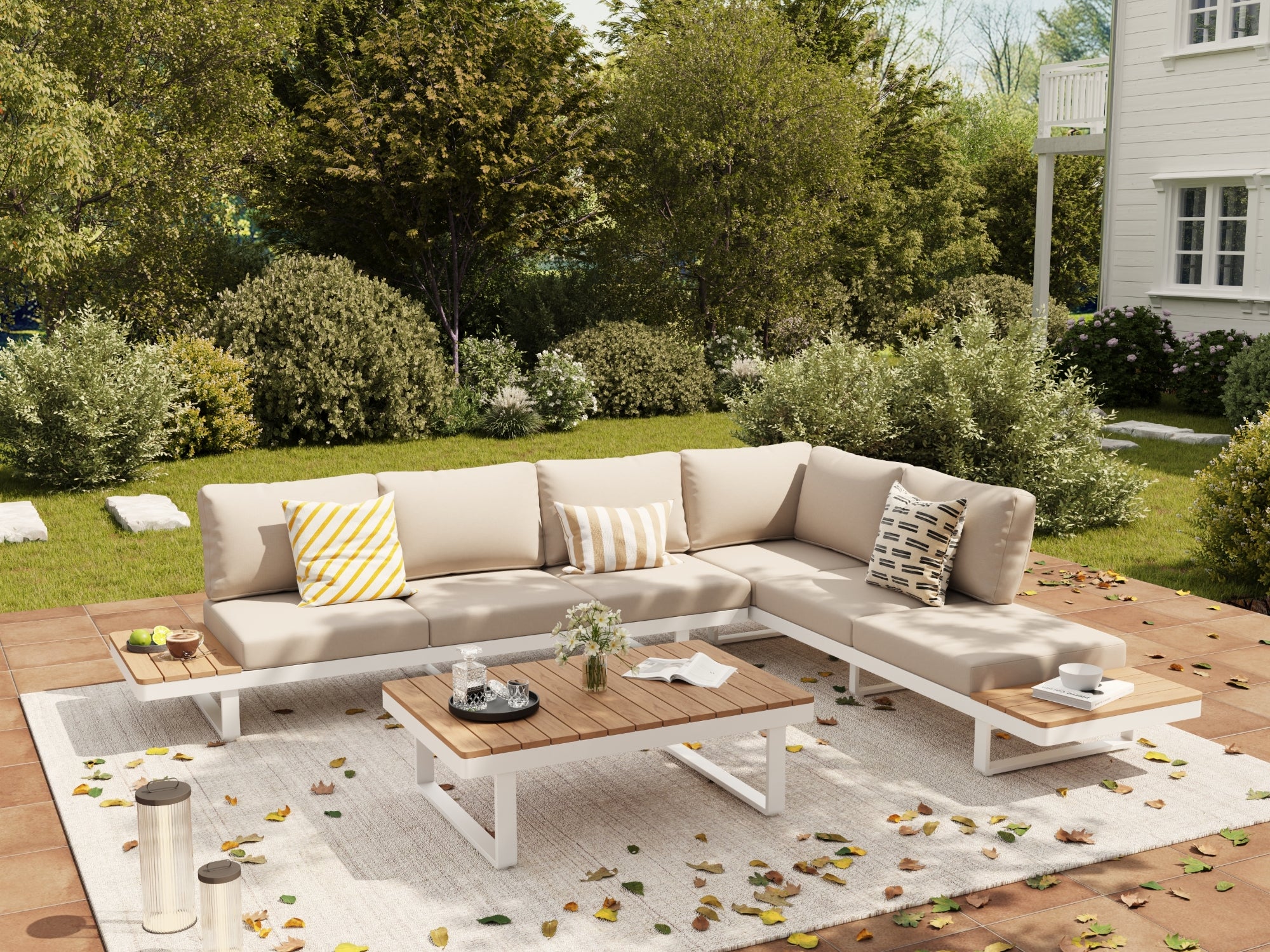 aluminum Outdoor patio set with a sectional sofa, coffee table with wooden tabletop