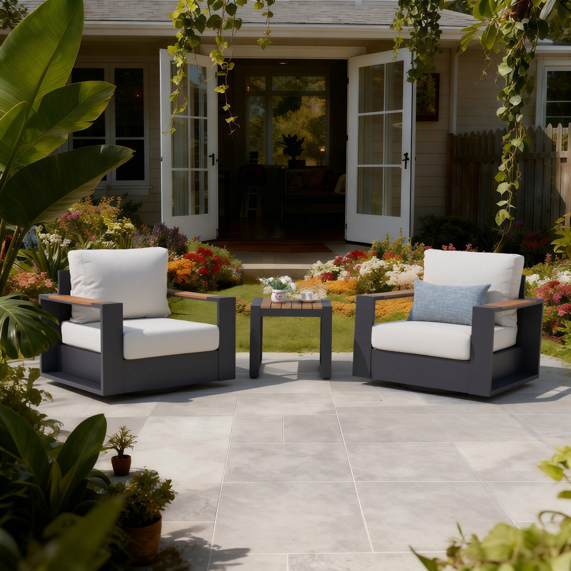 Addison 3-Piece Outdoor Swivel Chair Set, Wide Armrests & Side Table, Modern Patio Furniture