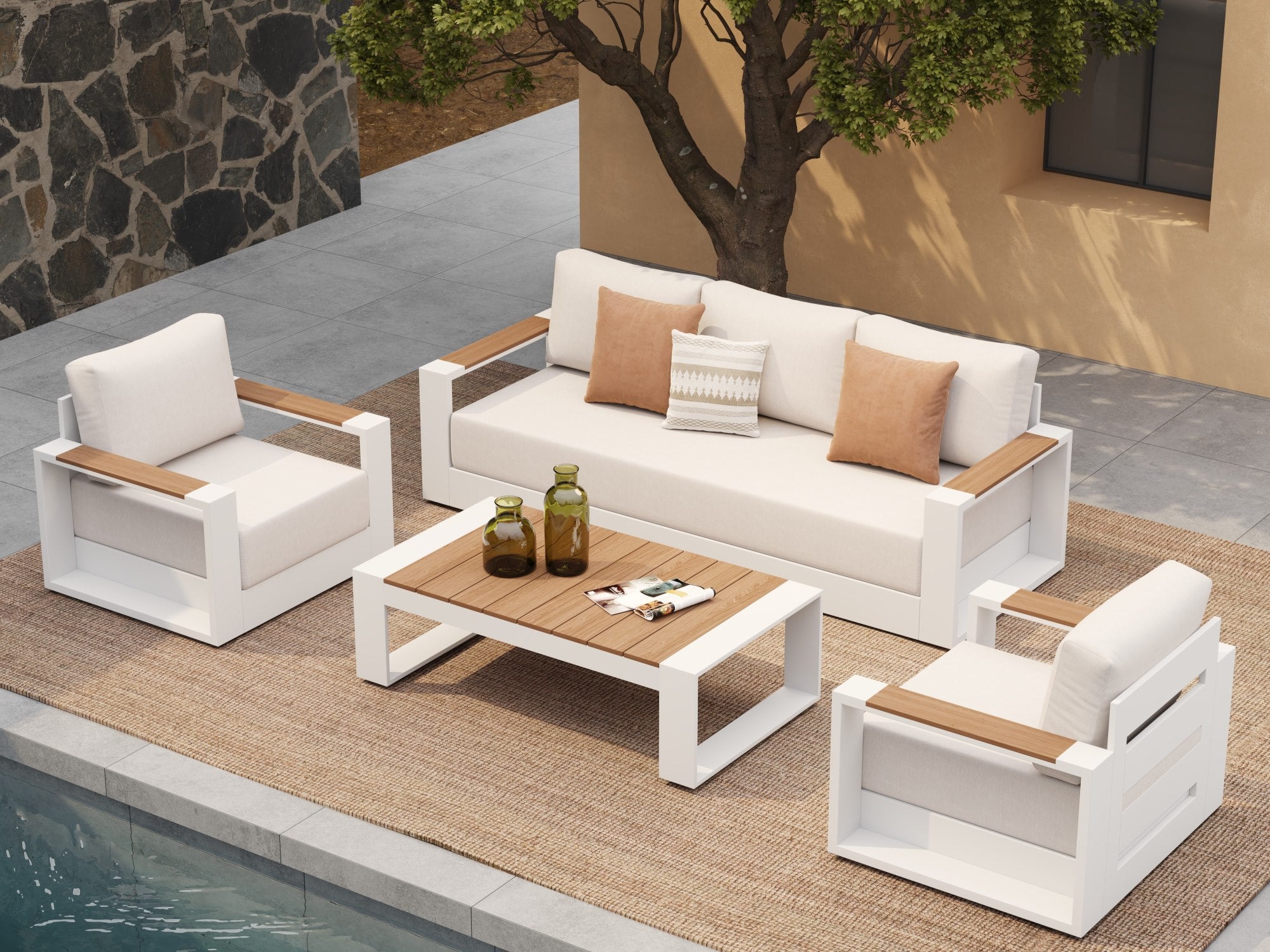 Addison 5-seats outdoor conversation seating sets, white aluminum frame, wood armrest and tabletop, white thick cushions - Jardina Premium Modern Outdoor Patio Furniture