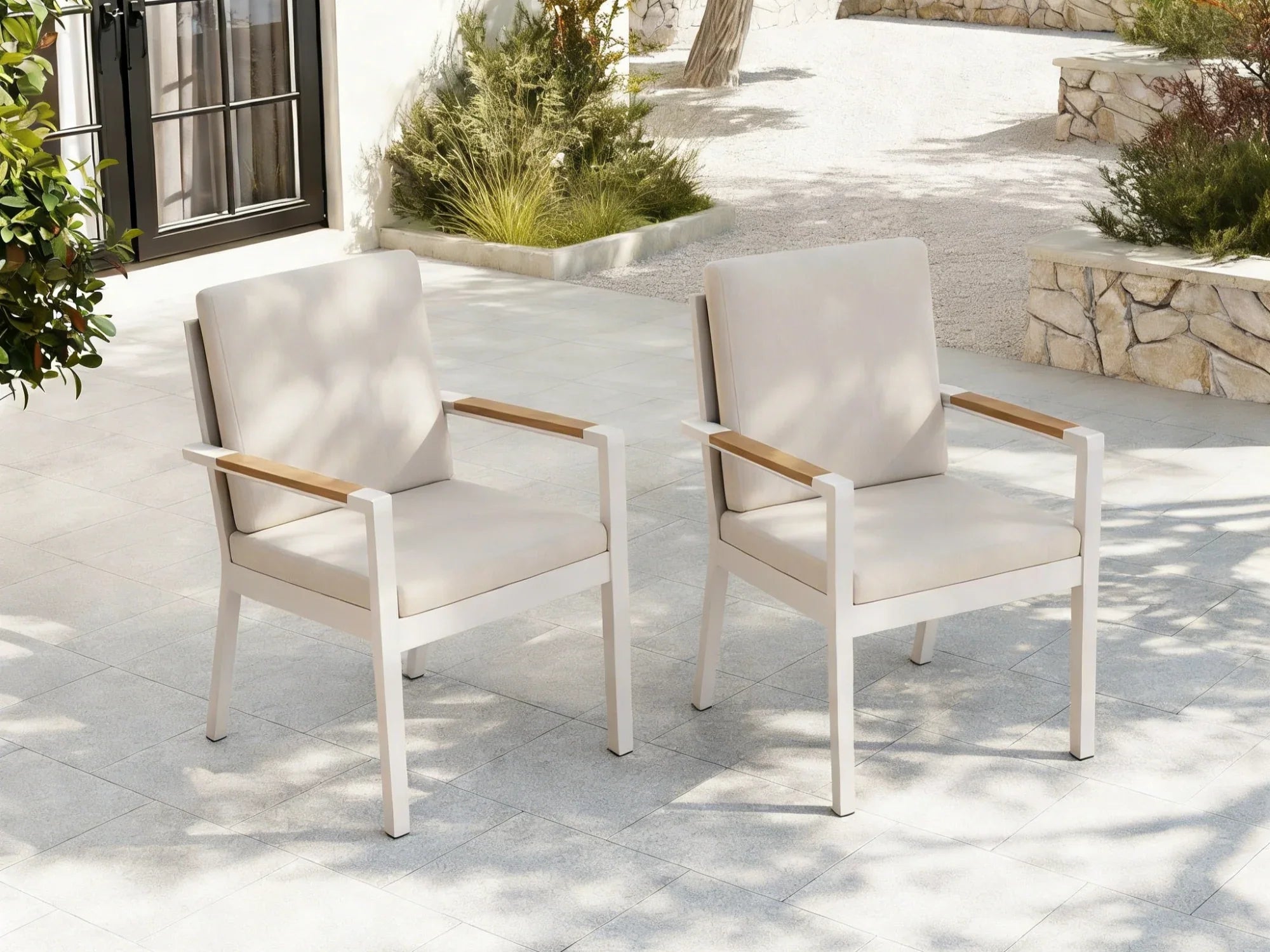 Outdoor Aluminum Dining Chair, Linen Cushions, wood armrest - Jardina Premium Modern Outdoor Dining Furniture