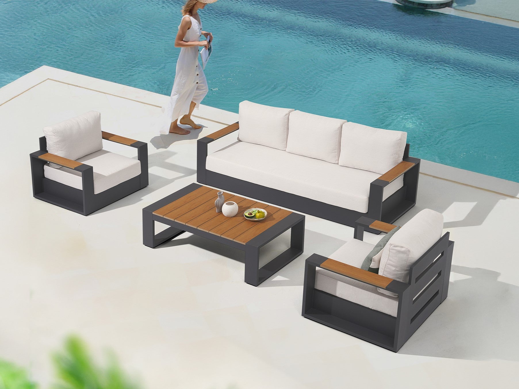 5-seats Modern Metal Outdoor conversation sofa set, Dark Grey Aluminum Frame, White Cushions, a 3-seat sofa, two single sofa armchairs with wood-top armrests, a rectangular outdoor coffee table with wood-top - Jardina Premium Modern Outdoor Patio Furniture Set