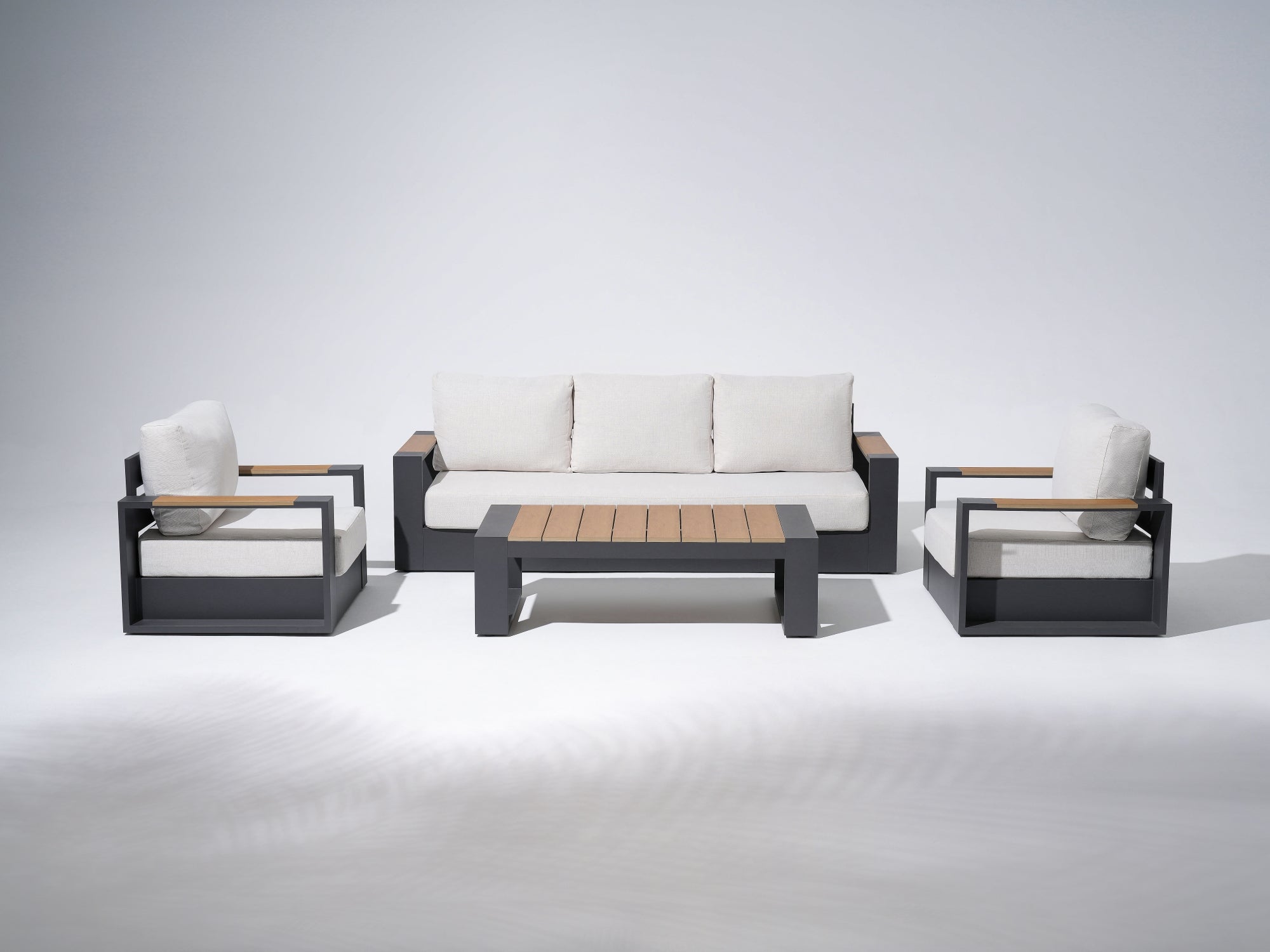 4-pcs Modern Metal Outdoor conversation sofa set, Dark Grey Aluminum Frame, White Cushions, a 3-seat sofa, two single sofa armchairs with wood-top armrests, a rectangular outdoor coffee table with wood-top - Jardina Premium Modern Outdoor Patio Furniture Set