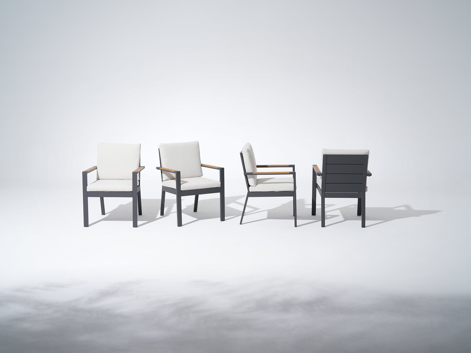 Four aluminum dining chairs with white cushions - Jardina Premium Modern Outdoor Dining Furniture