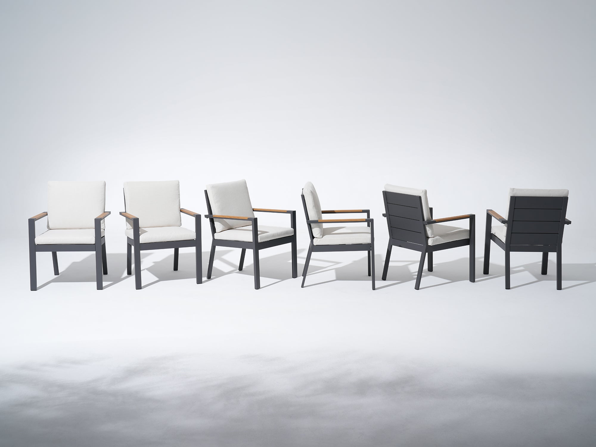 Set of six modern gray aluminum outdoor dining chairs with white cushions, wooden armrest - Jardina Premium Modern Outdoor Dining Furniture