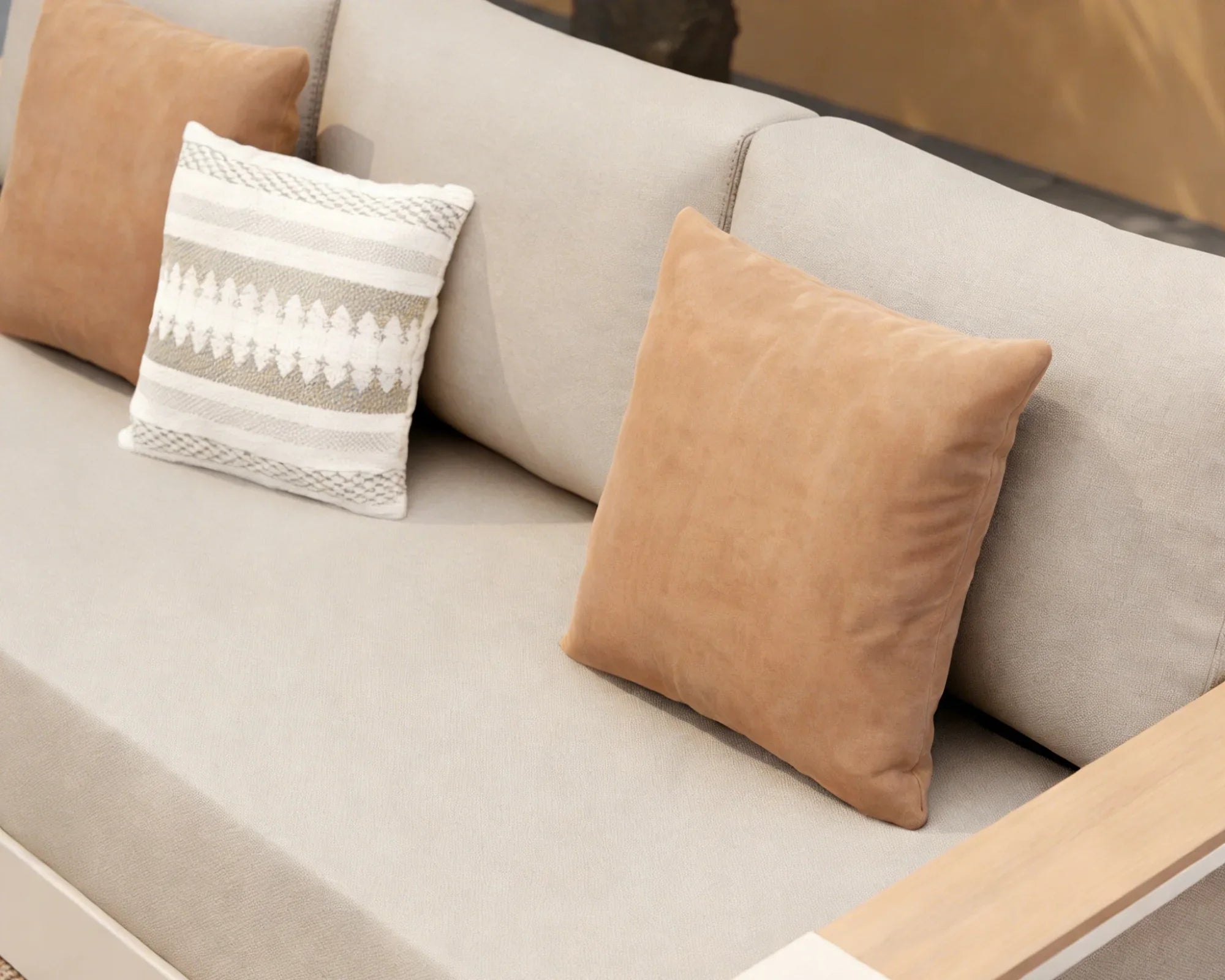 Addison Light Beige Modern Metal Outdoor Sofa, Aluminum Frame, Olefin Linen Cushions