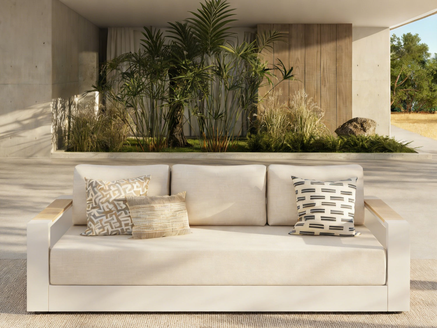 Addison Light Beige Modern Metal Outdoor Sofa, Aluminum Frame, Olefin Linen Cushions