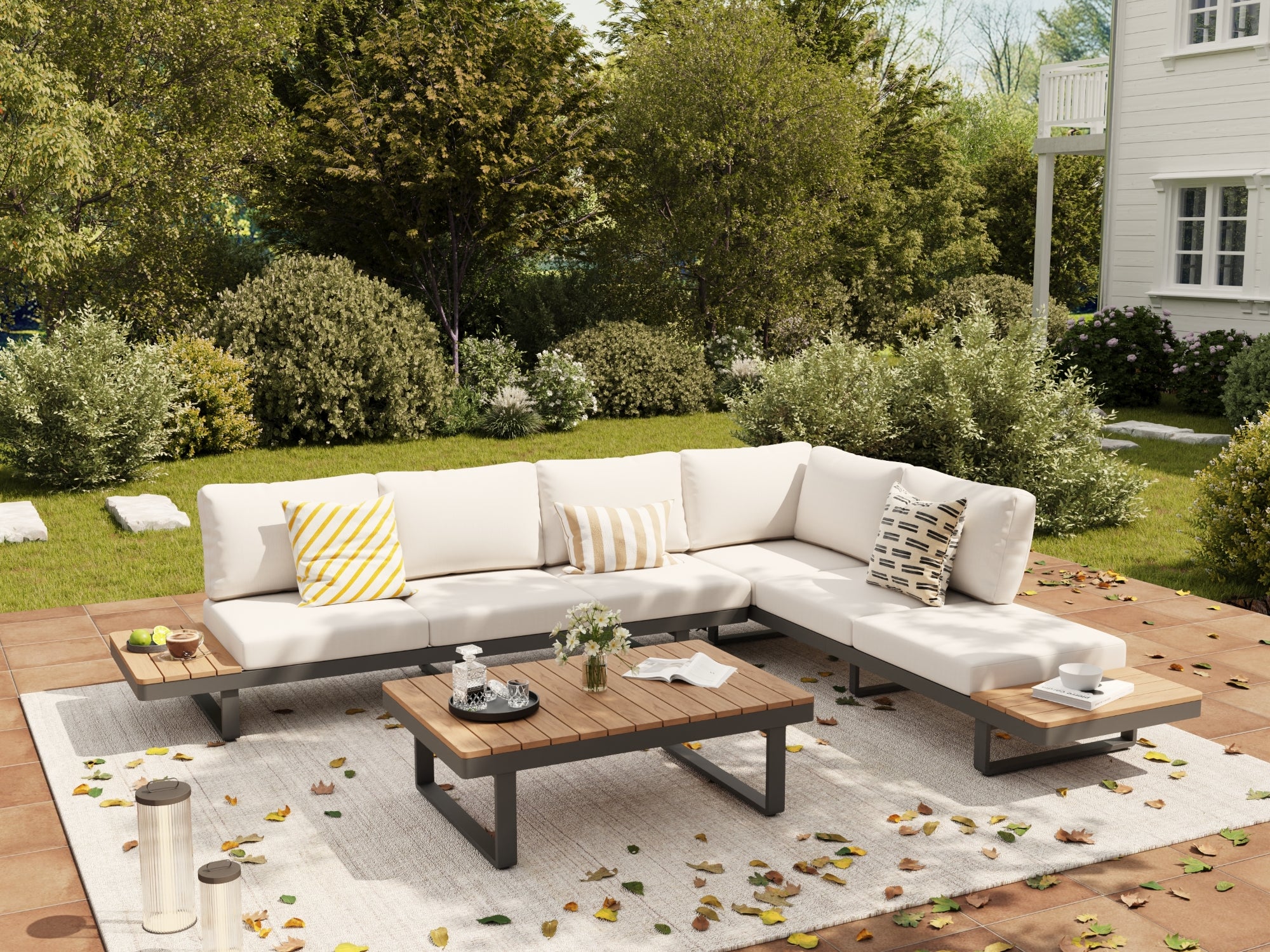 L-shaped aluminum outdoor sectional set with a rectangular coffee table, wooden tabletop