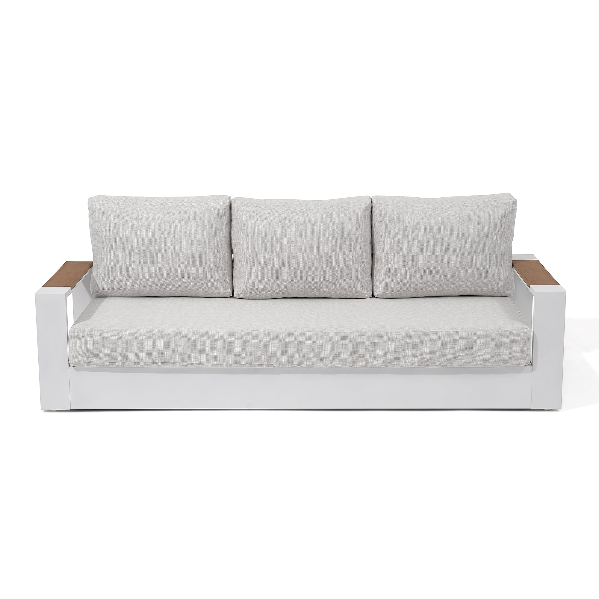 Addison 3-seats outdoor sofa, white aluminum frame, wood armrest , white thick cushions - Jardina Premium Modern Outdoor Patio Furniture #color_white