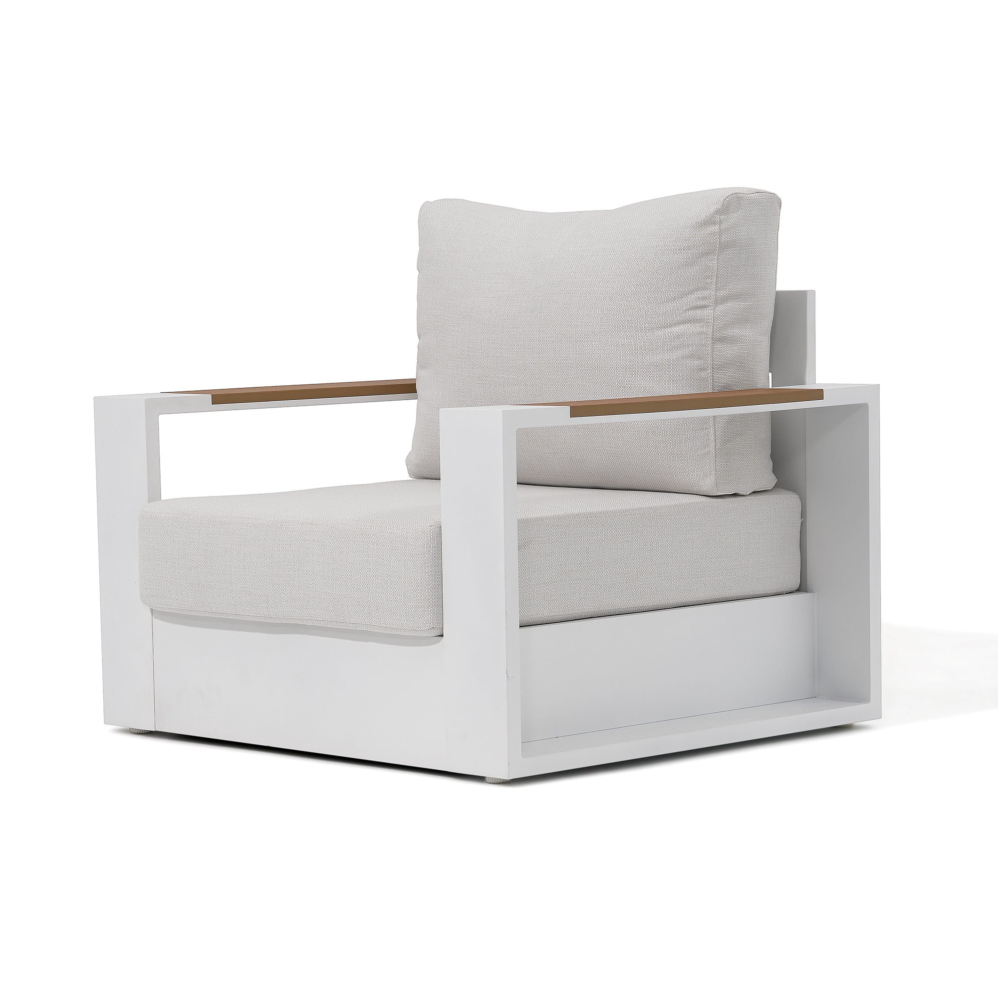 Addison outdoor single sofa, white aluminum frame, wood armrest , white thick cushions - Jardina Premium Modern Outdoor Patio Furniture
