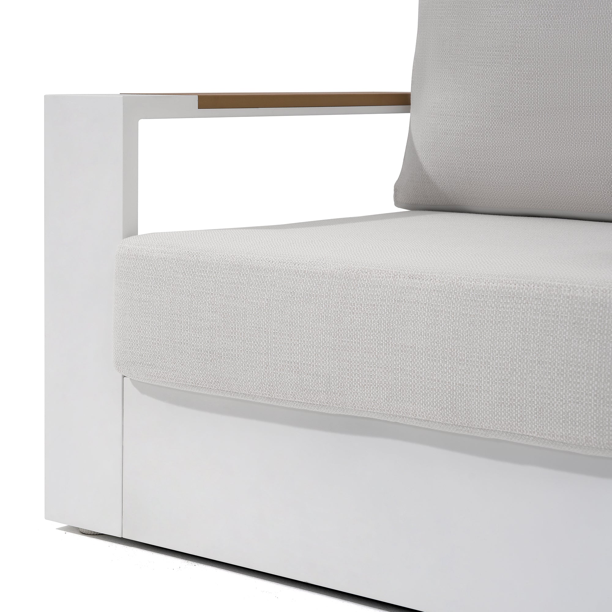 Addison outdoor single sofa, white aluminum frame, wood armrest , white thick cushions - Jardina Premium Modern Outdoor Patio Furniture #color_white
