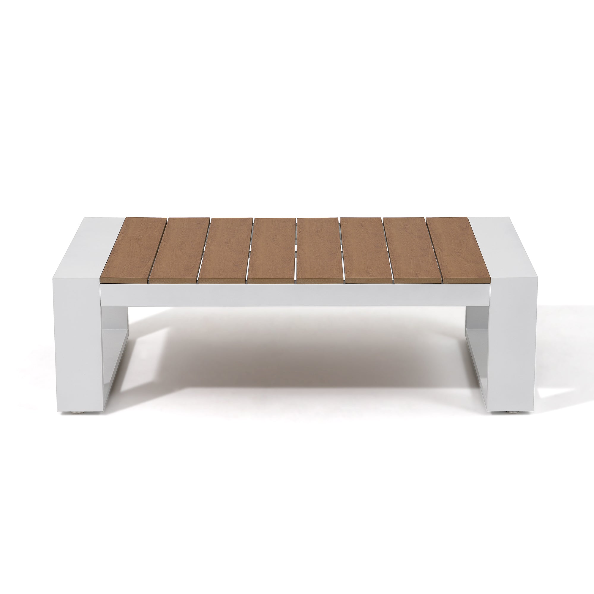 Addison outdoor coffee table, white aluminum frame, wood tableyop- Jardina Premium Modern Outdoor Patio Furniture