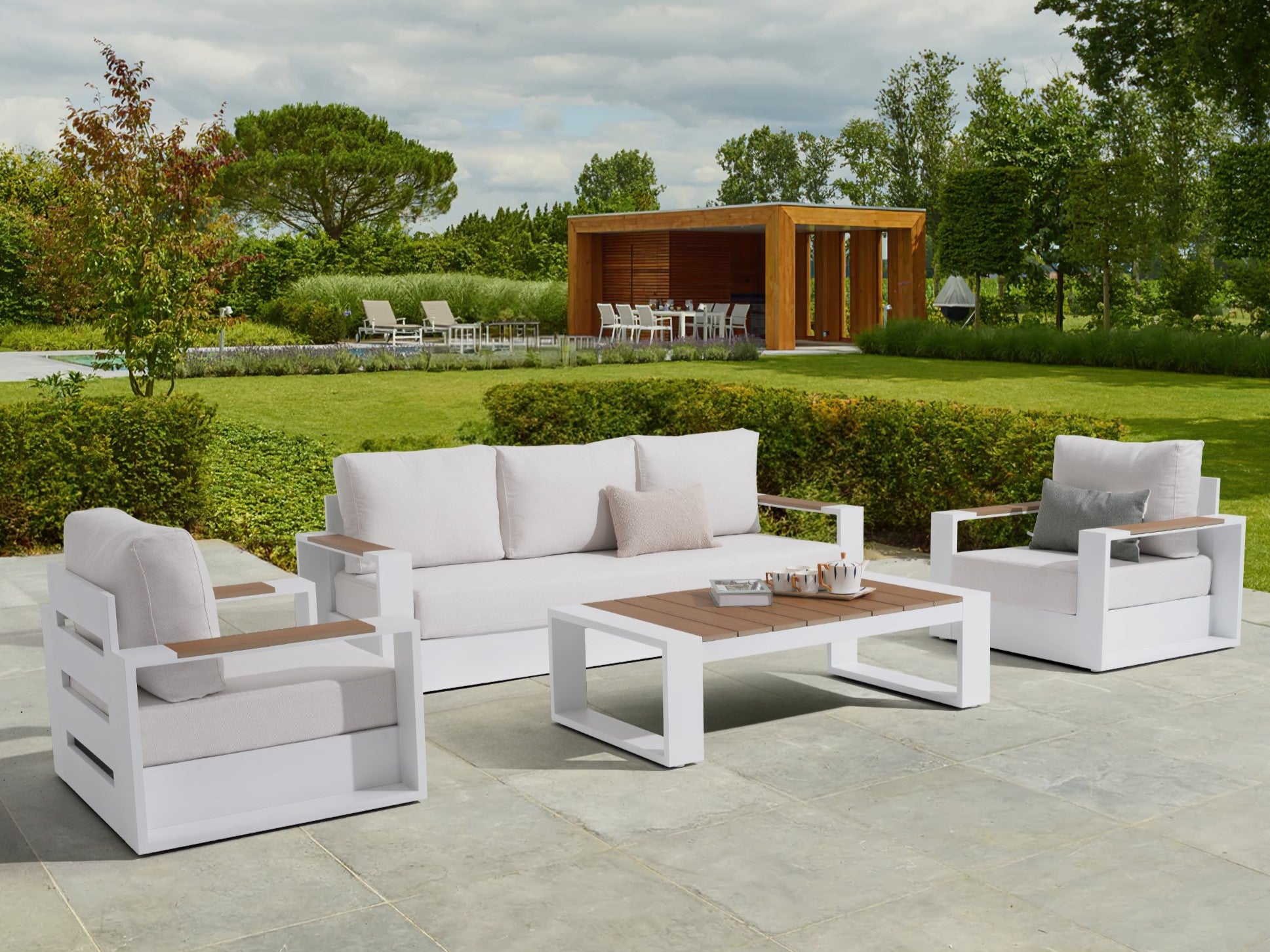 4-pcs Modern Metal Outdoor conversation sofa set, white Aluminum Frame, White Cushions, a 3-seat sofa, two single sofa armchairs with wood-top armrests, a rectangular outdoor coffee table with wood-top - Jardina Premium Modern Outdoor Patio Dining Furniture Set