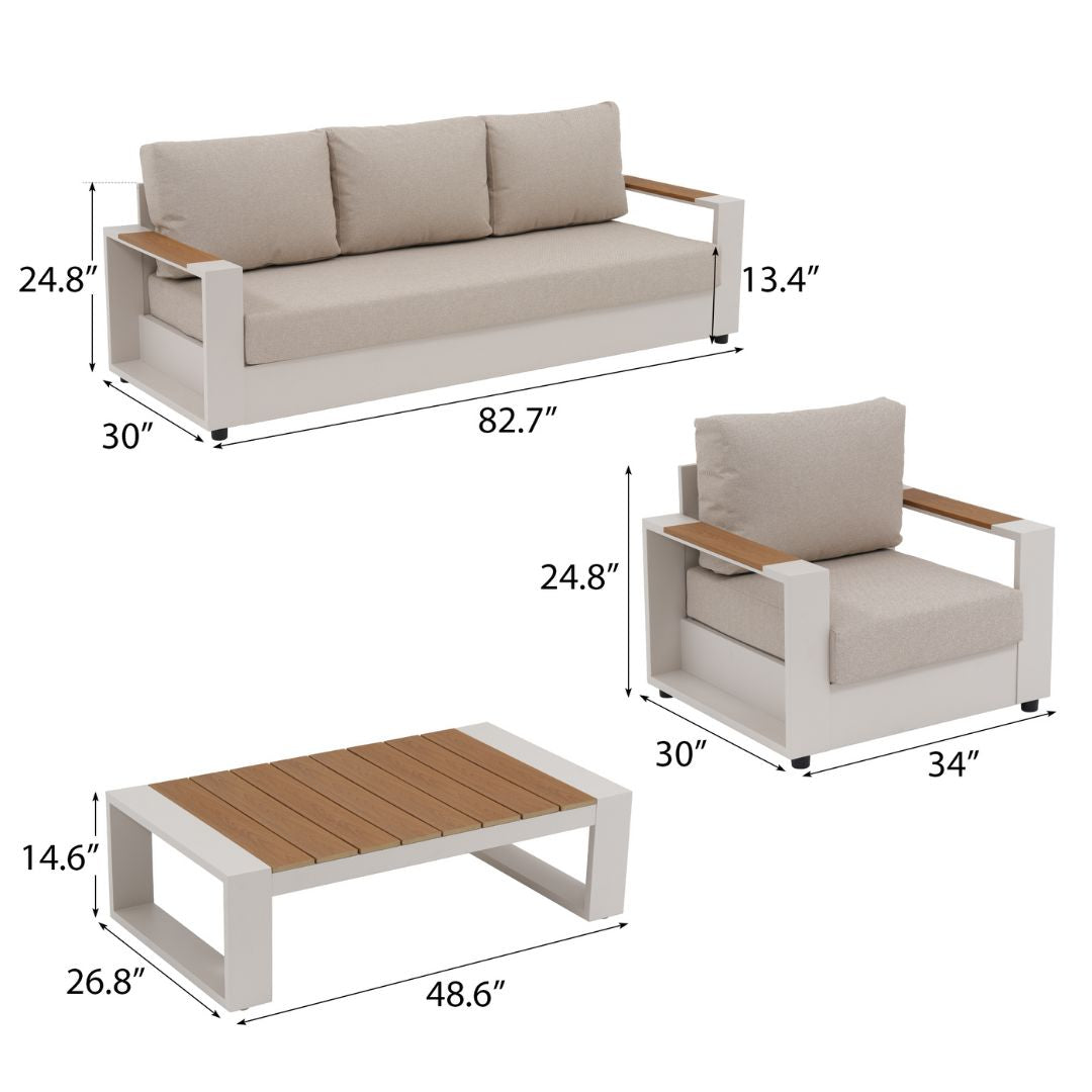 Addison Modern Metal Outdoor Sofa Set, Light Beige Aluminum Frame, Linen Olefin Cushion