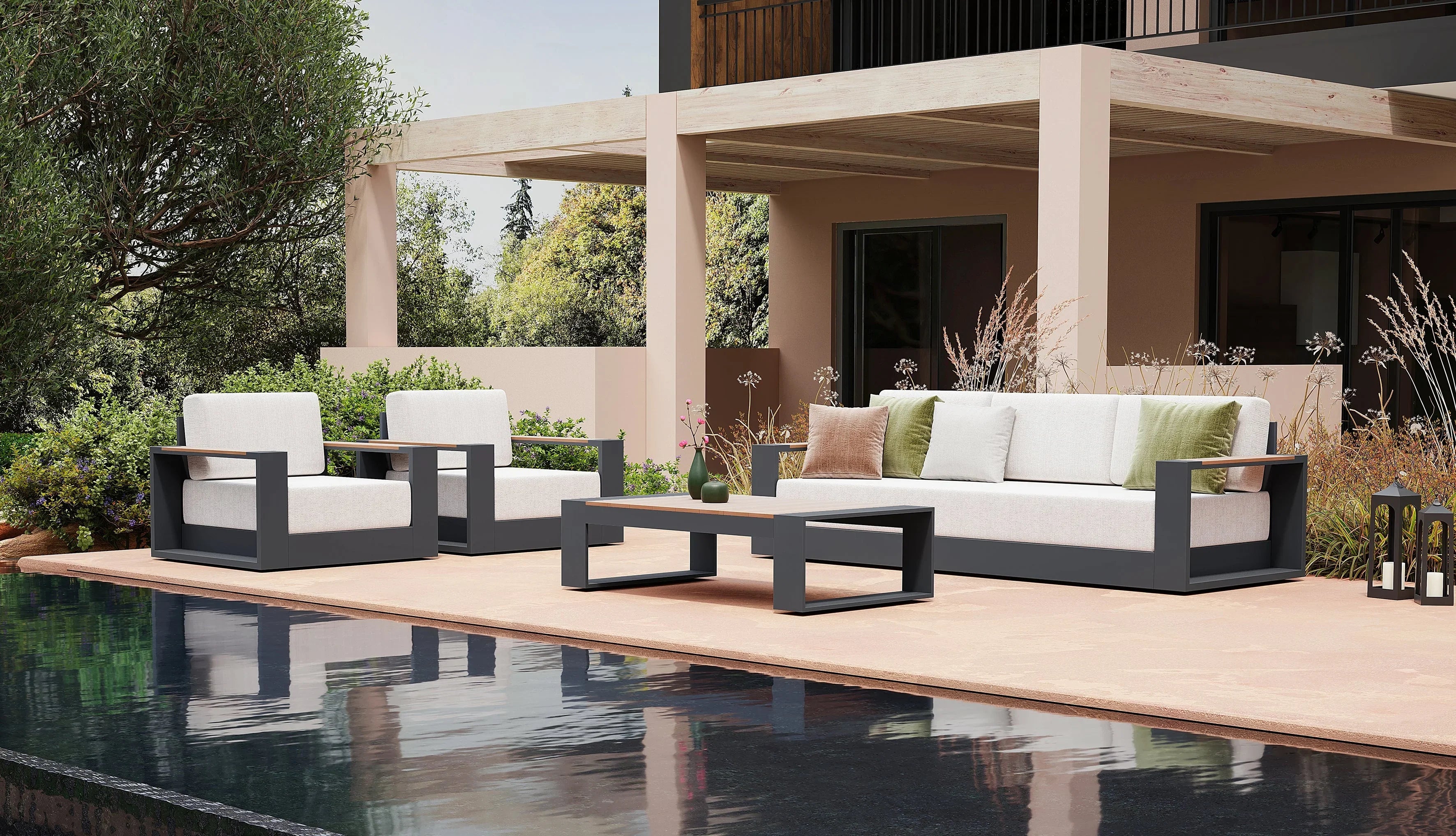 5-seats Modern Metal Outdoor conversation sofa set, Dark Grey Aluminum Frame, White Cushions, a 3-seat sofa, two single sofa armchairs with wood-top armrests, a rectangular outdoor coffee table with wood-top - Jardina Premium Modern Outdoor Patio Furniture Set