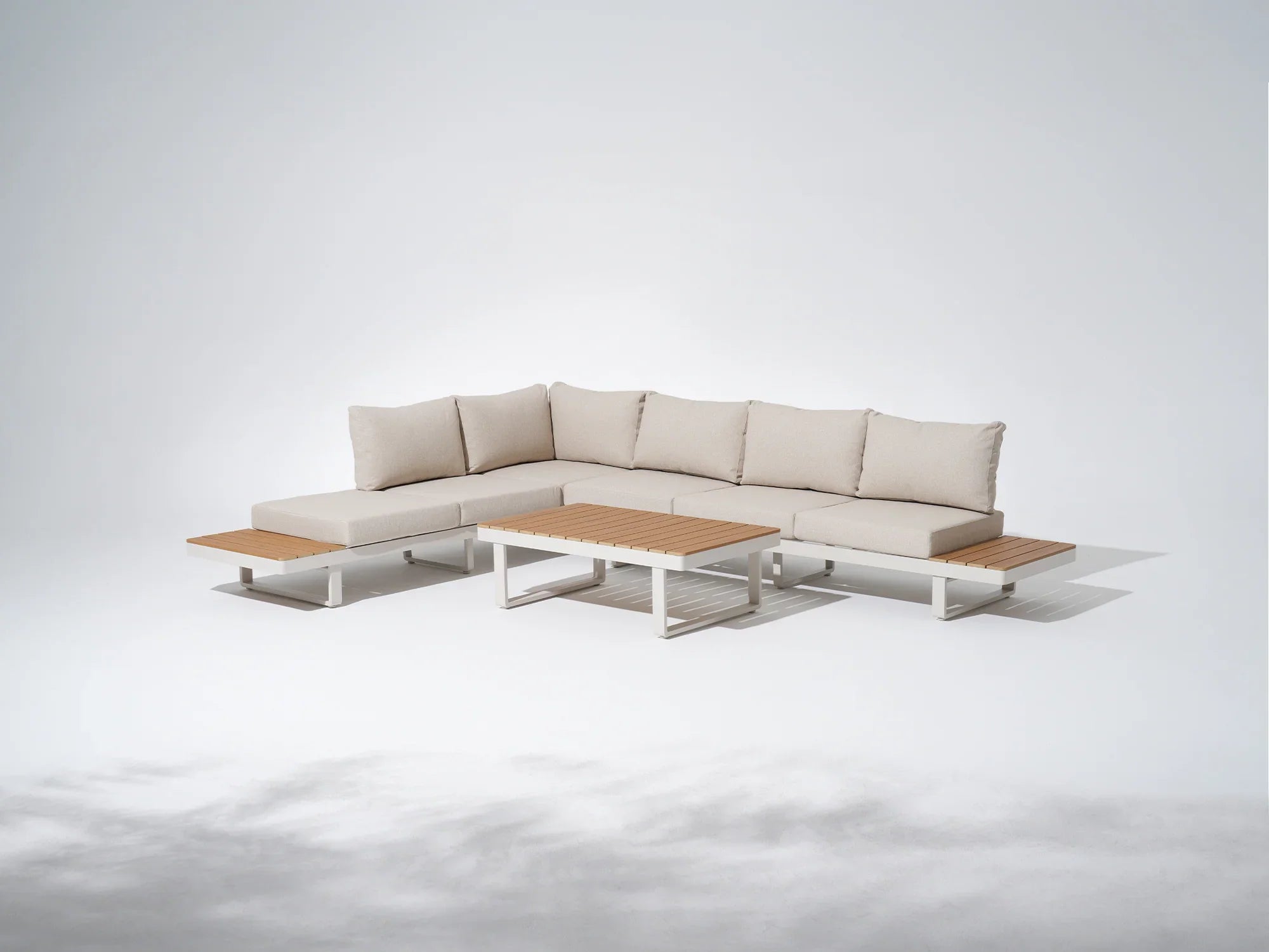 Addison Sectional outdoor sofa with wooden tables, white aluminum frame and thick cushions