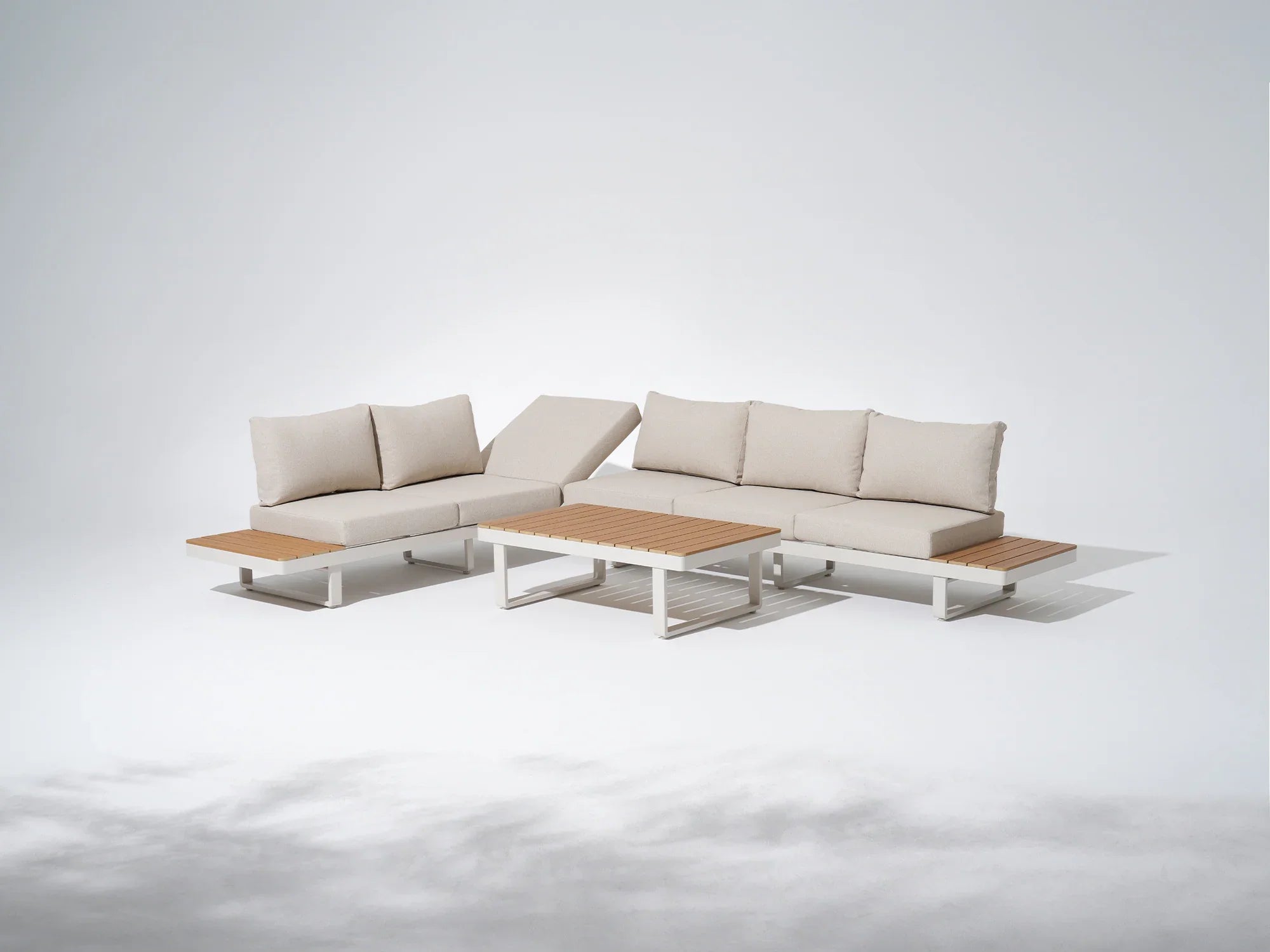 Addison white aluminum outdoor sectional sofa with adjustable layouts, wooden tabletop
