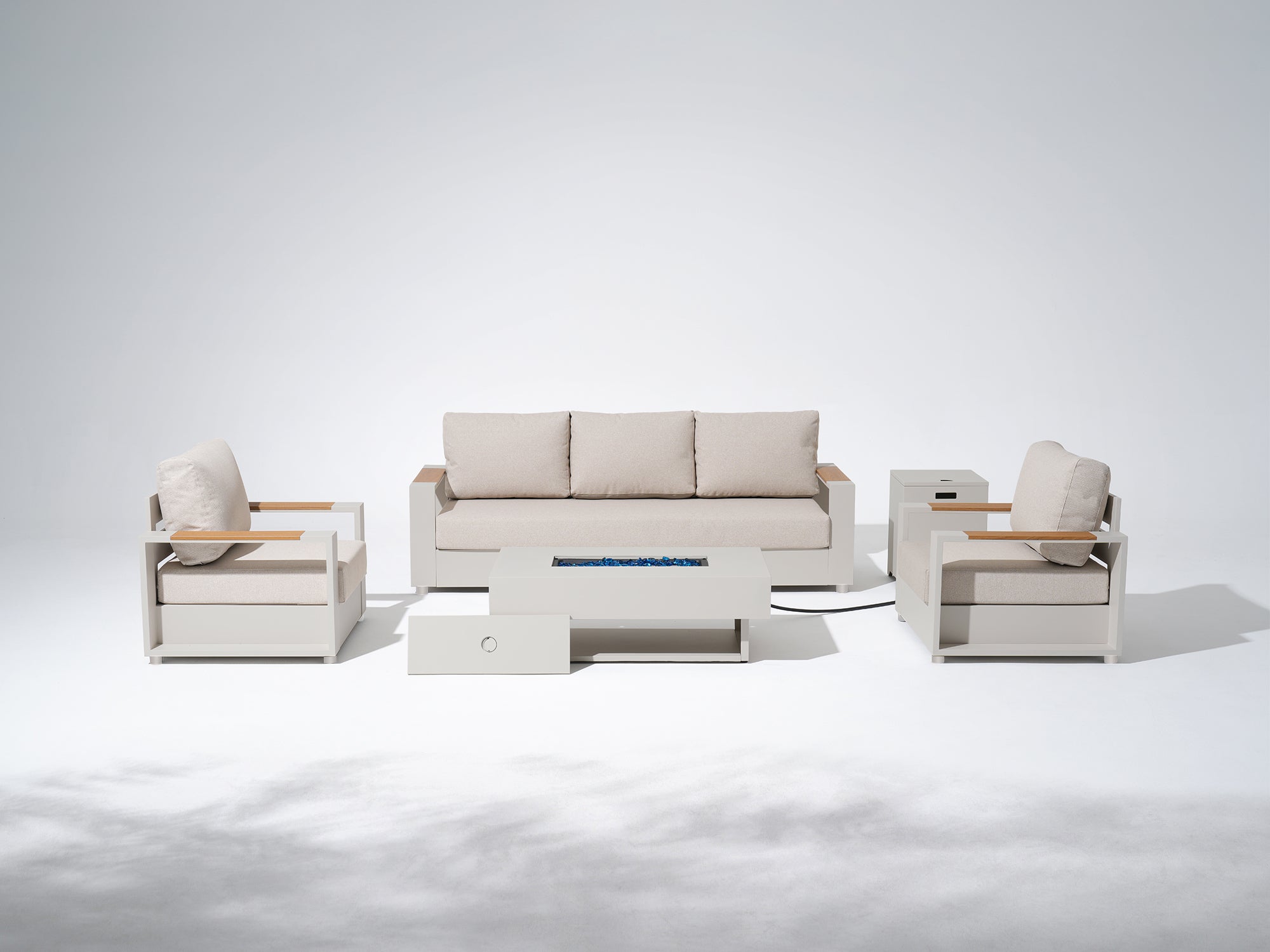 Addison Oyster White Aluminum Outdoor Conversation Set with Fire Pit Table, Linen Olefin Cushion