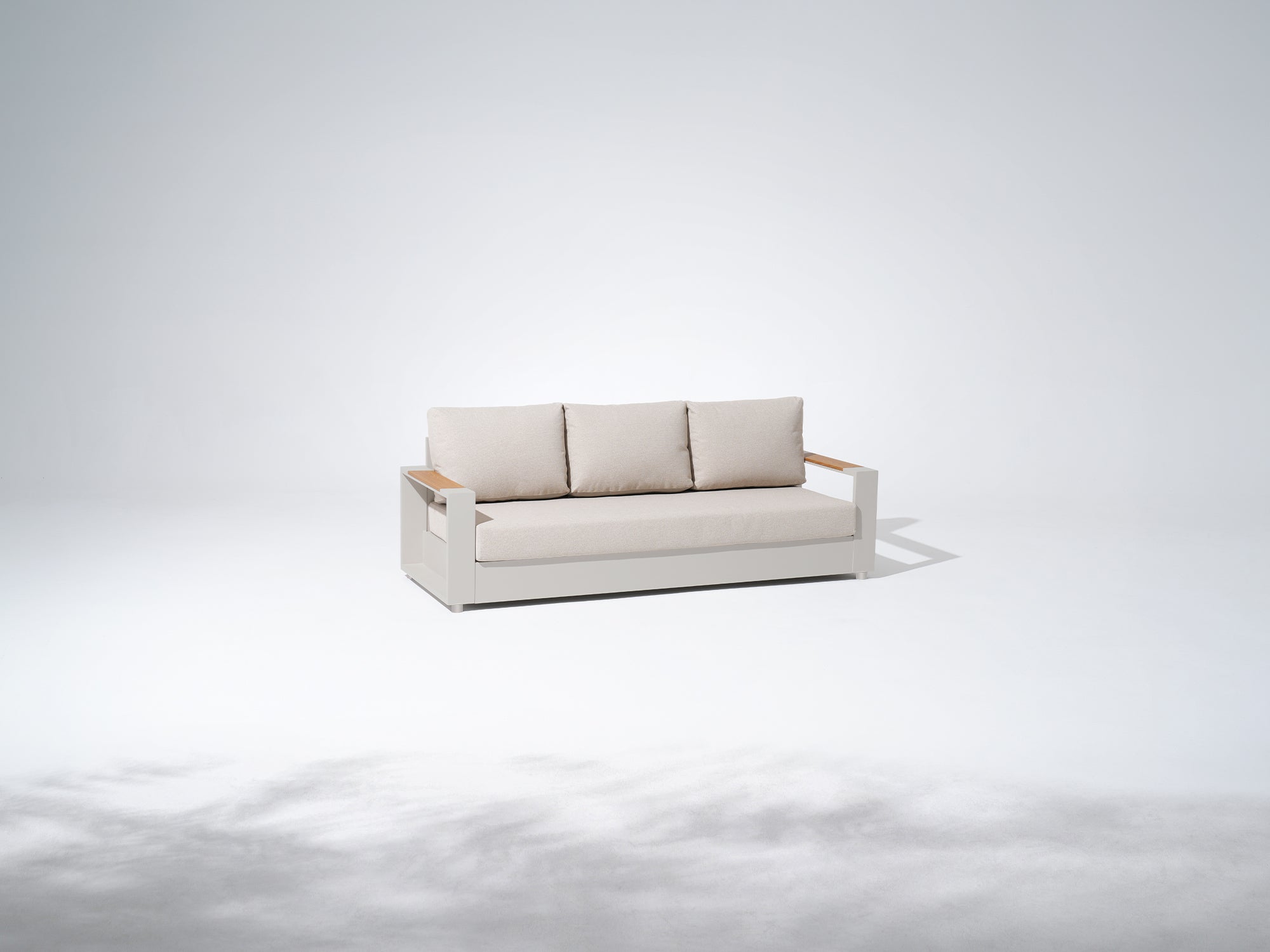 Addison Modern Aluminum Outdoor 3-seat Sofa Set, Oyster White Aluminum Frame, Linen Olefin Cushion, Mixed Tables- Jardina outdoor modern premium patio furniture