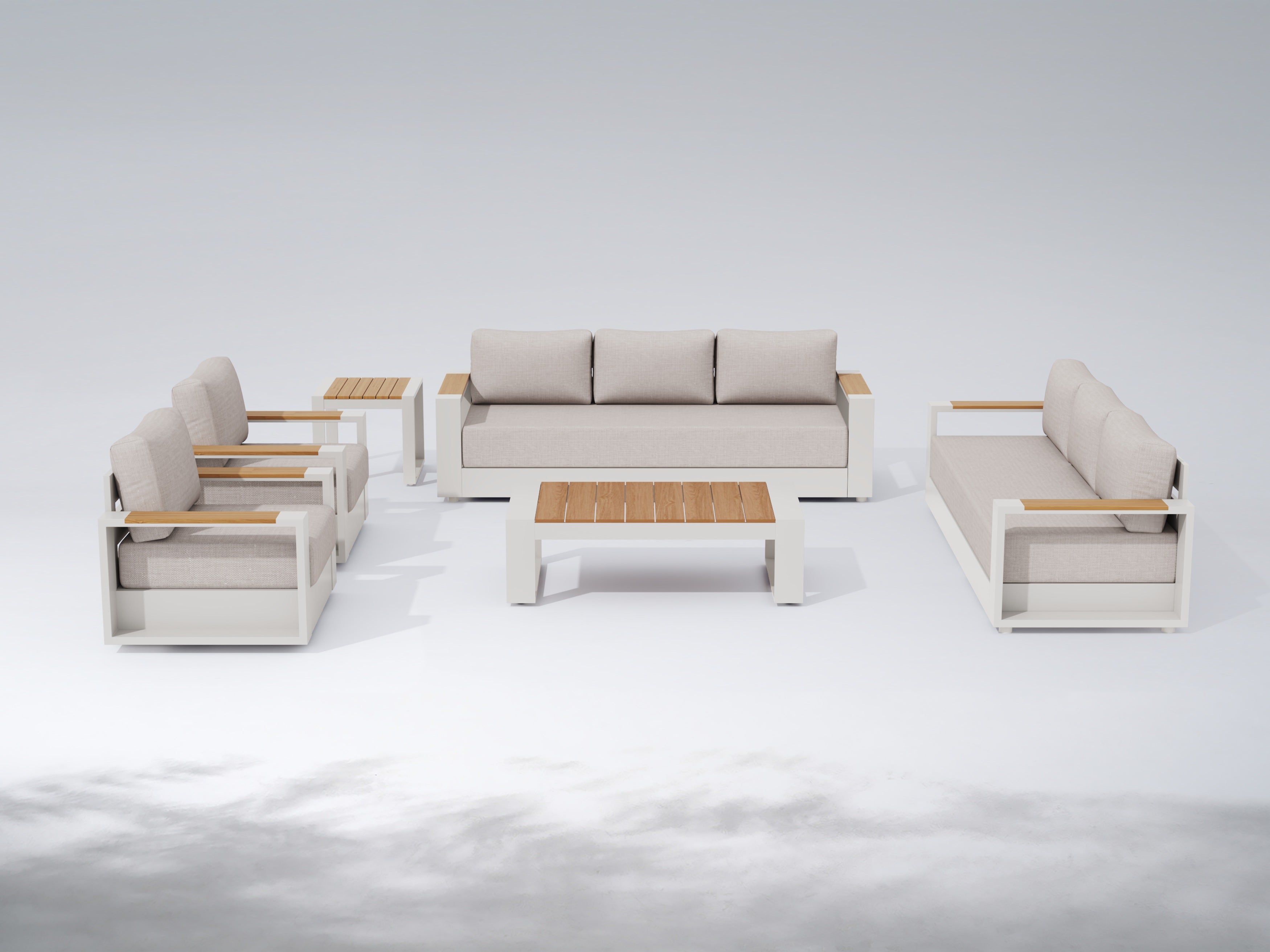 Addison Modern Metal Outdoor Sofa Set, Oyster White Aluminum Frame, Swivel Chairs