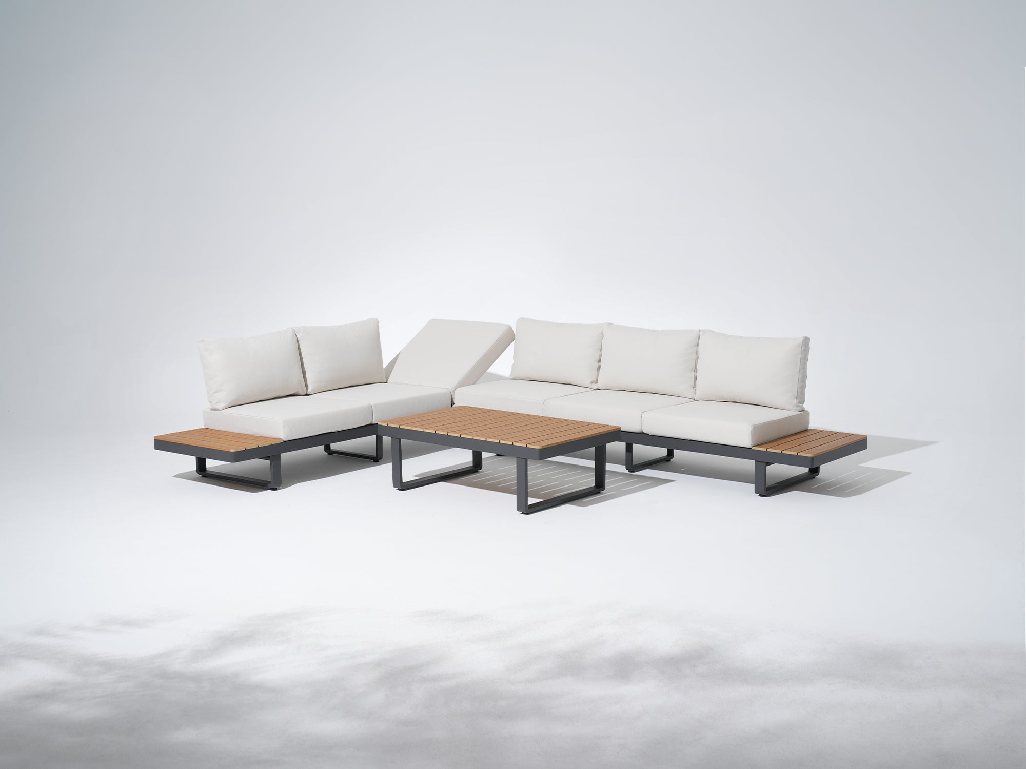 Addison dark gray aluminum outdoor sectional sofa with adjustable layouts, wooden tabletop