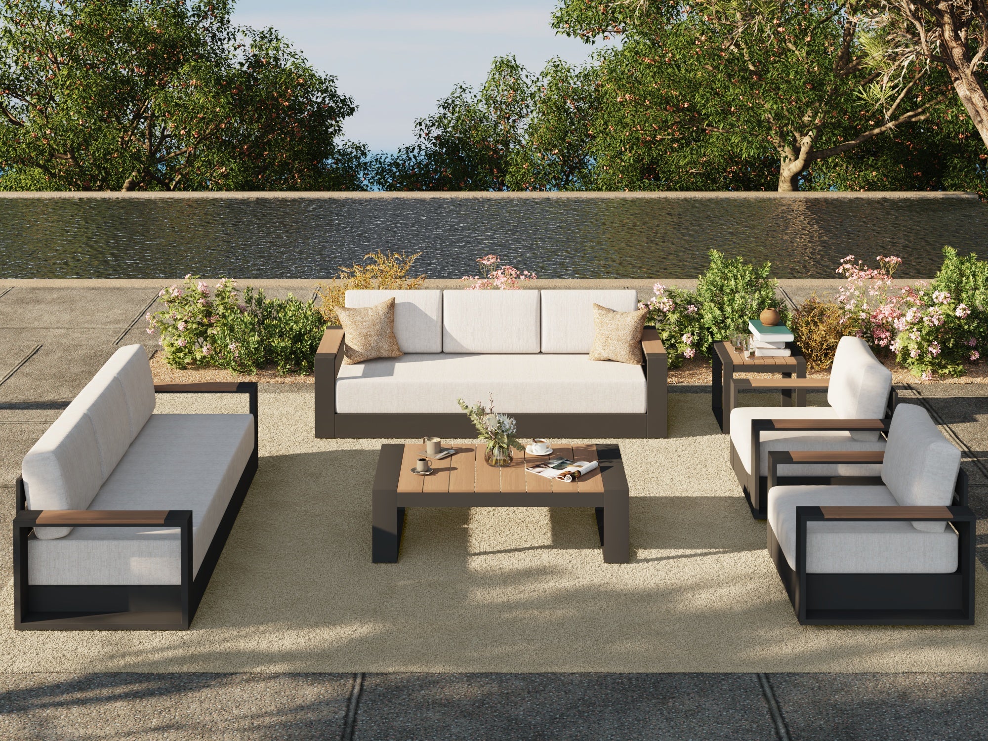 Contemporary aluminum Outdoor patio furniture conversation set with white cushions and wooden accents for 8 people