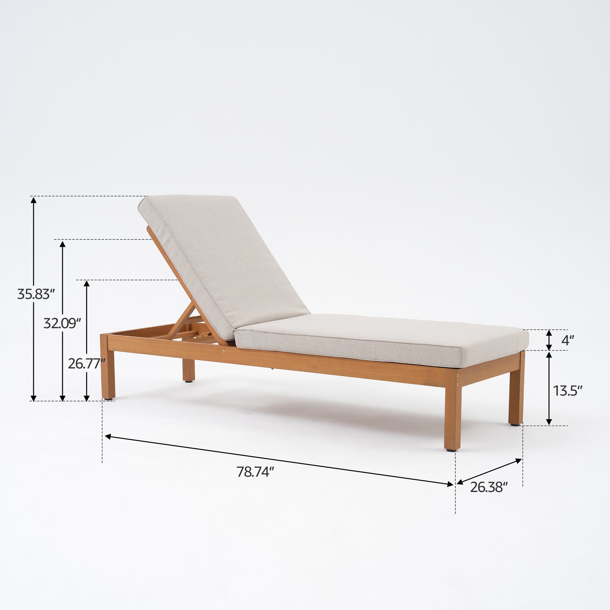 Wooden lounge chair with white cushion and dimensions