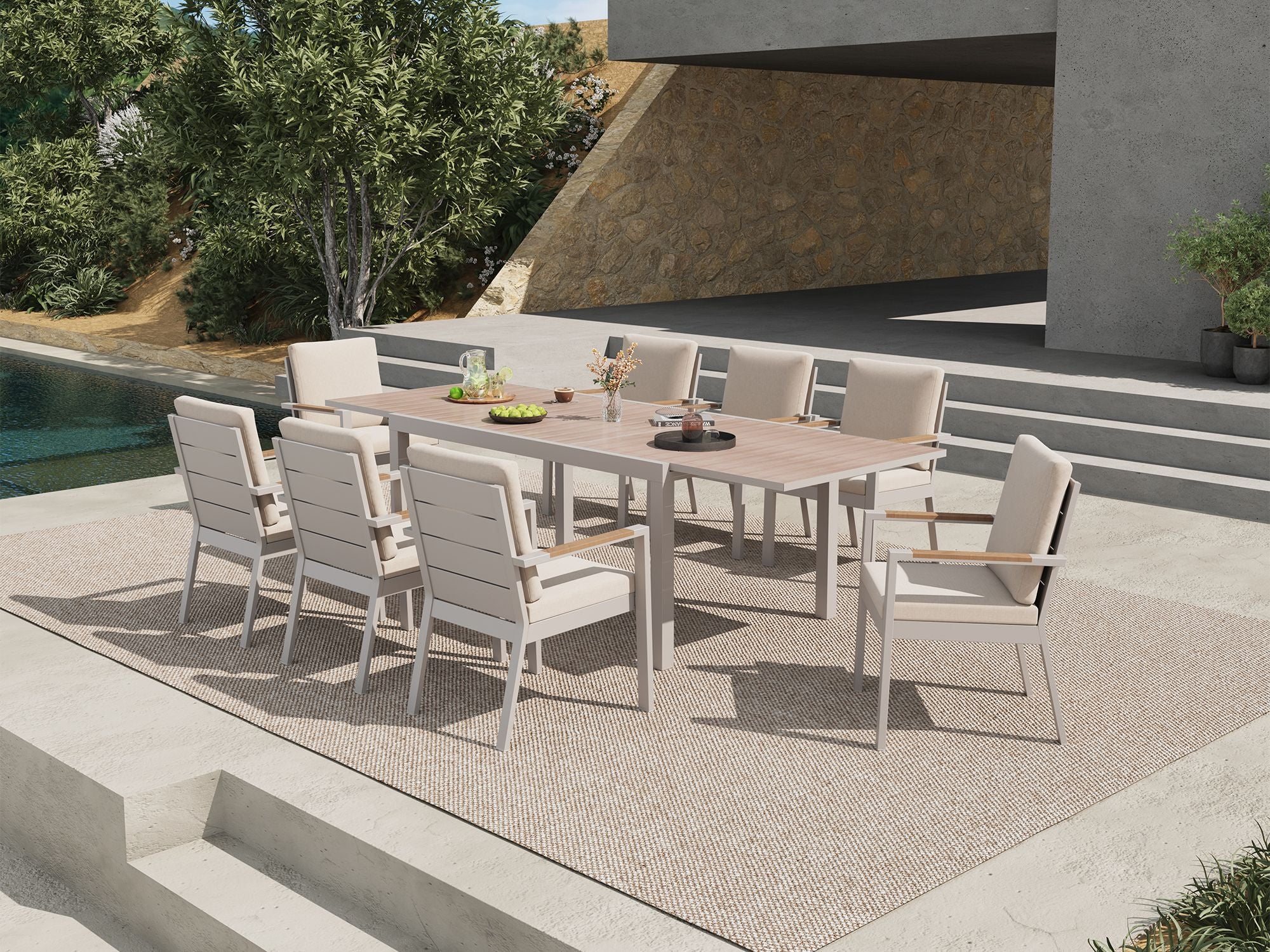 Addison Outdoor Aluminum Dining Set, Timber-Look, Light Beige, Extendable Design, 63"-104"