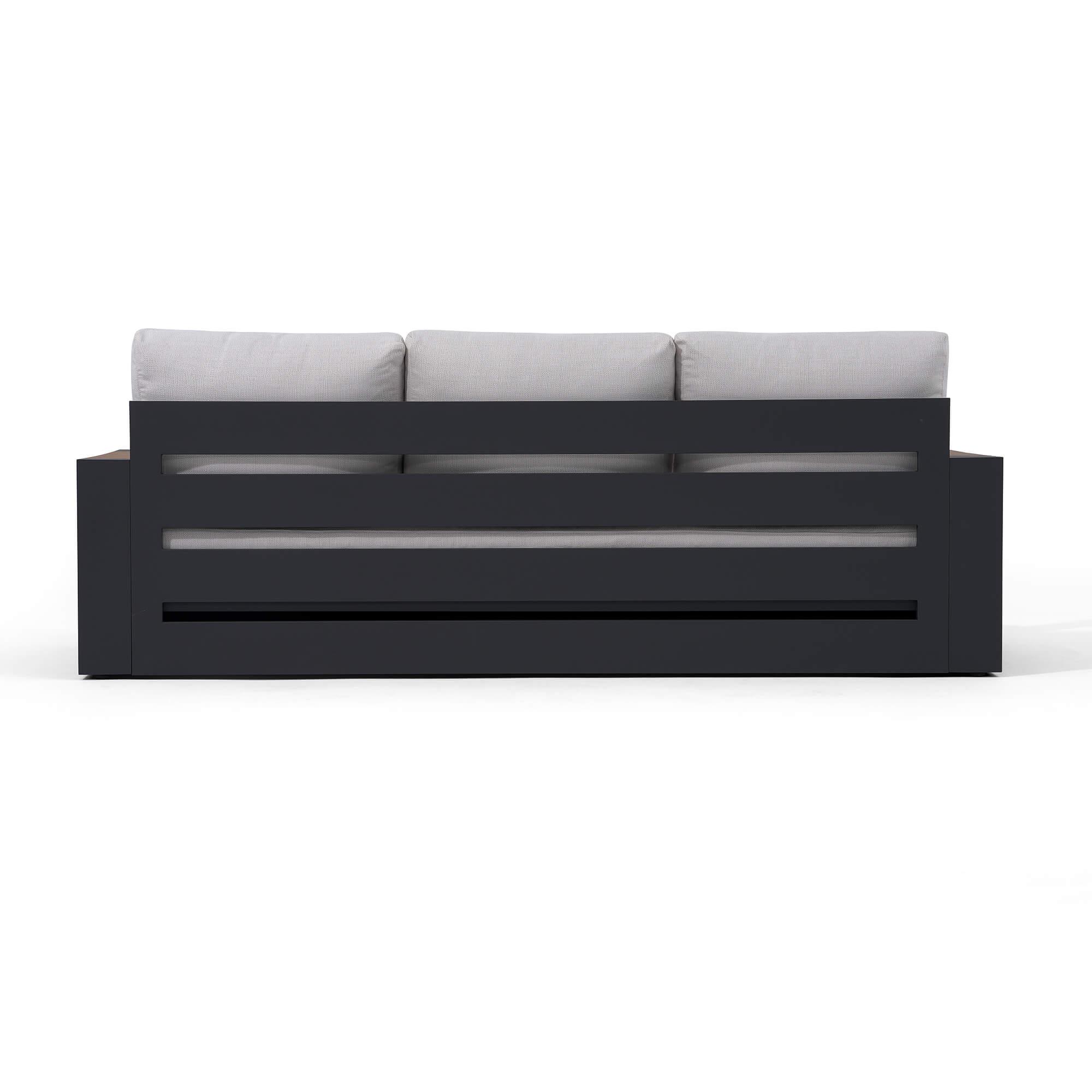Modern black aluminum outdoor sofa with gray cushions backrest details - Jardina Modern Premium Patio Outdoor Furniture