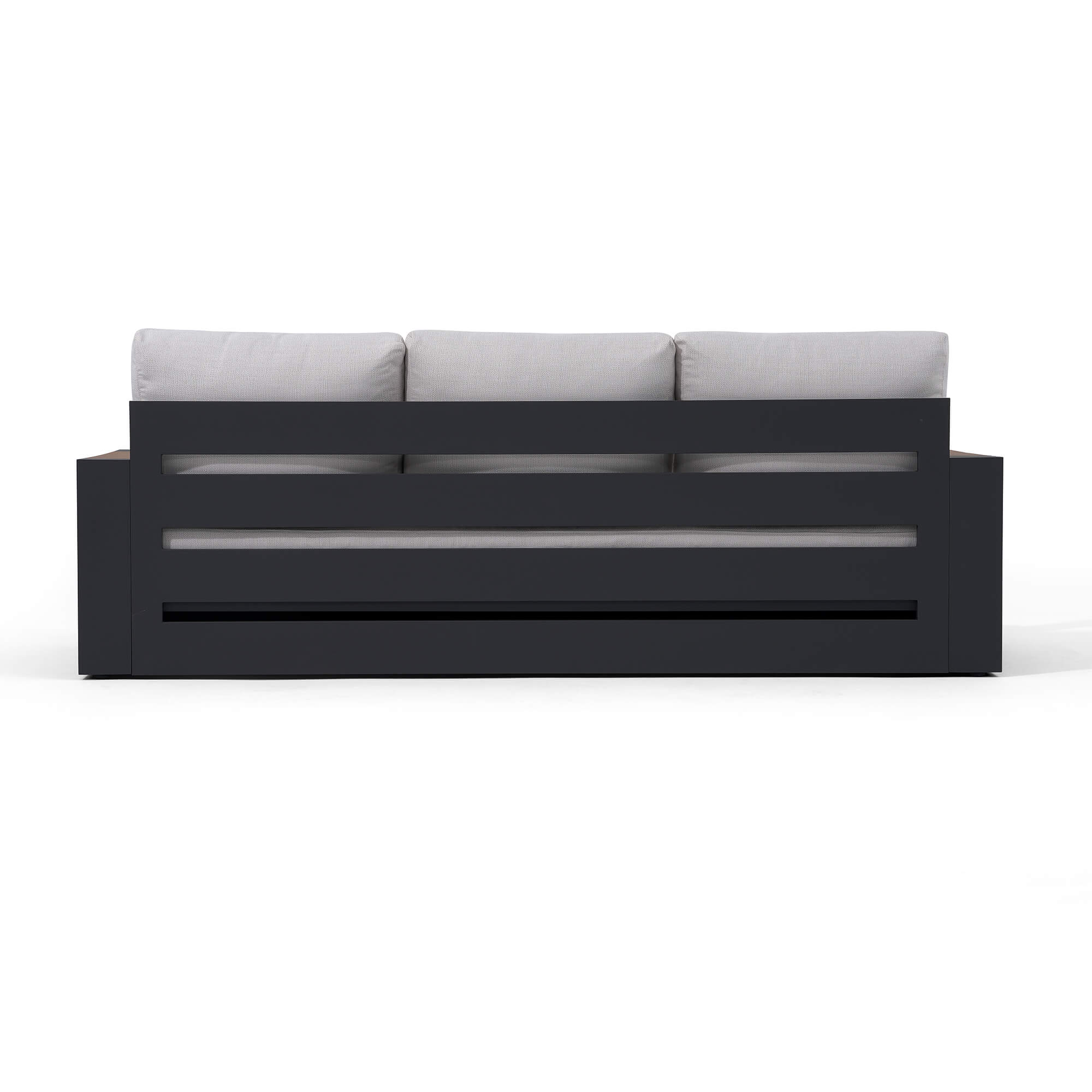 Modern black aluminum outdoor sofa with gray cushions backrest details - Jardina Modern Premium Patio Outdoor Furniture