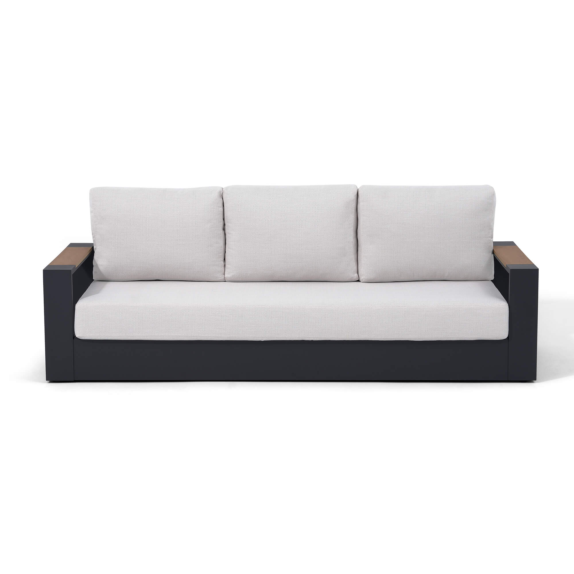 Modern outdoor sofa with white cushions and black aluminum frame- Jardina Modern Premium Patio Outdoor Furniture