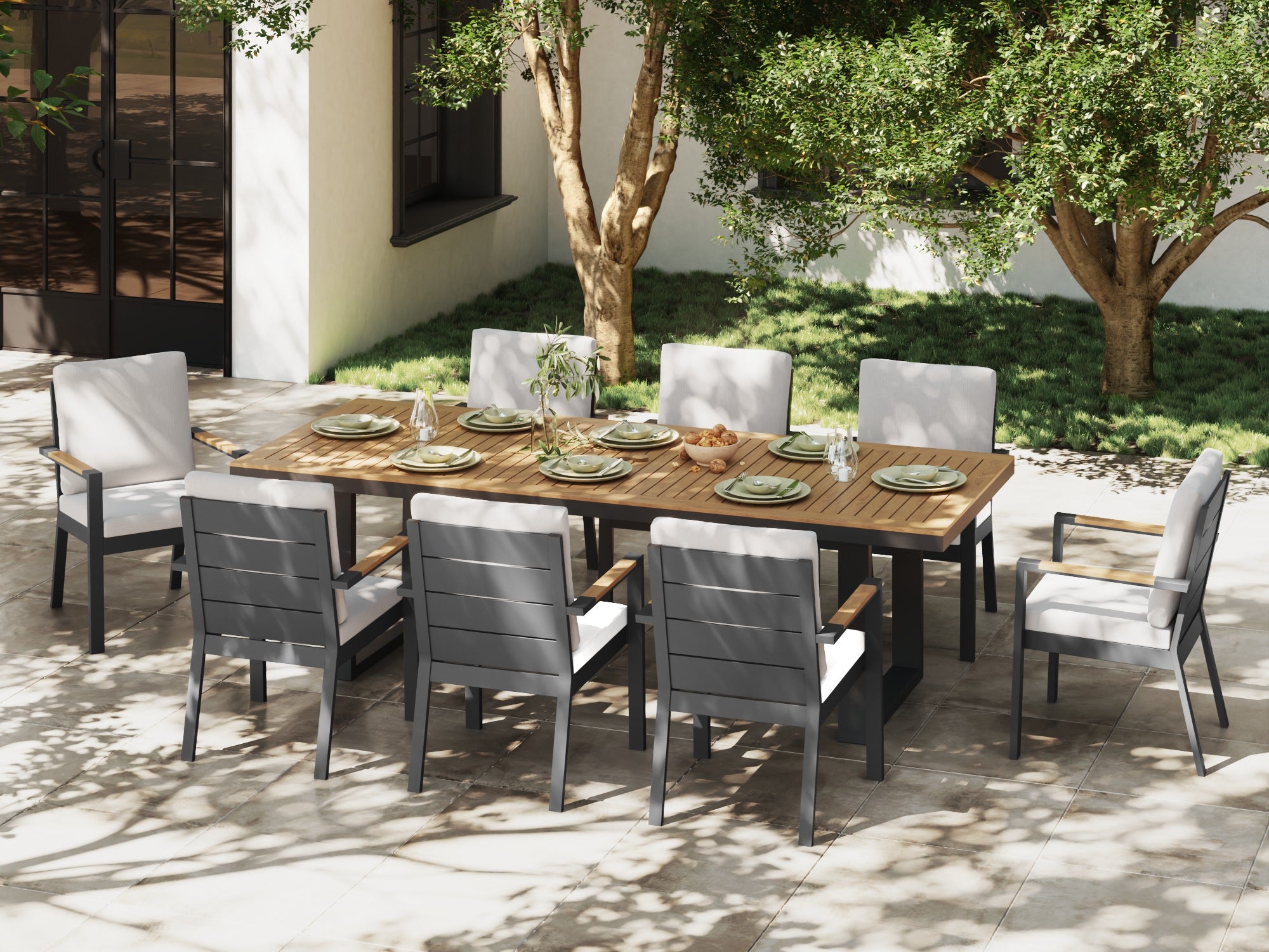 dark grey aluminum patio dining set for 8 with umbrella hole, wood tabletop and wood armrest, white cushions - Jardina Premium Modern Outdoor Dining Furniture#Style_8 Chairs + 1 Table