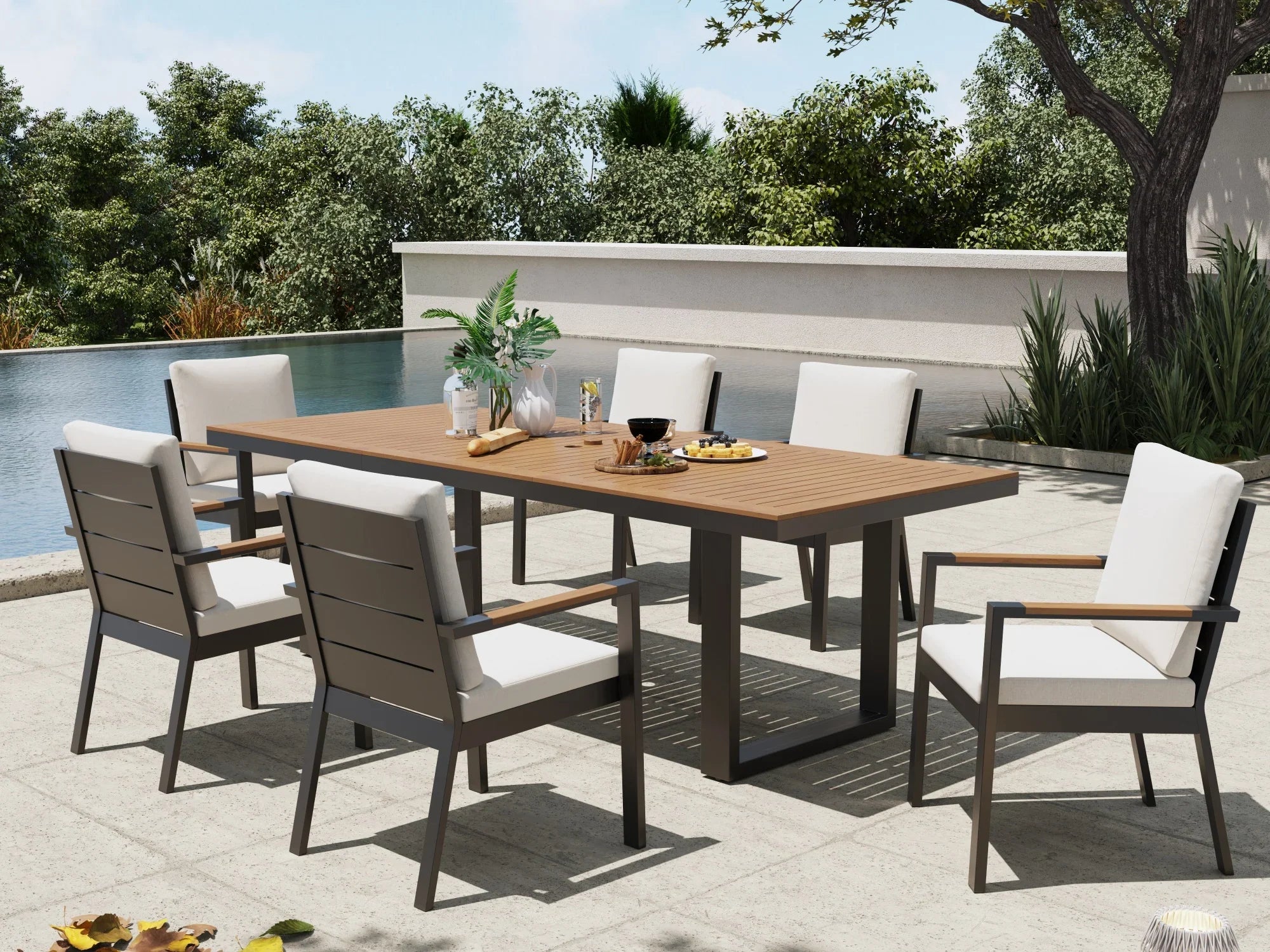 gray aluminum outdoor dining set for 6 with umbrella hole, wood armrest, wood table top, white cushions - Jardina Premium Modern Outdoor Dining Furniture#Style_6 Chairs + 1 Table