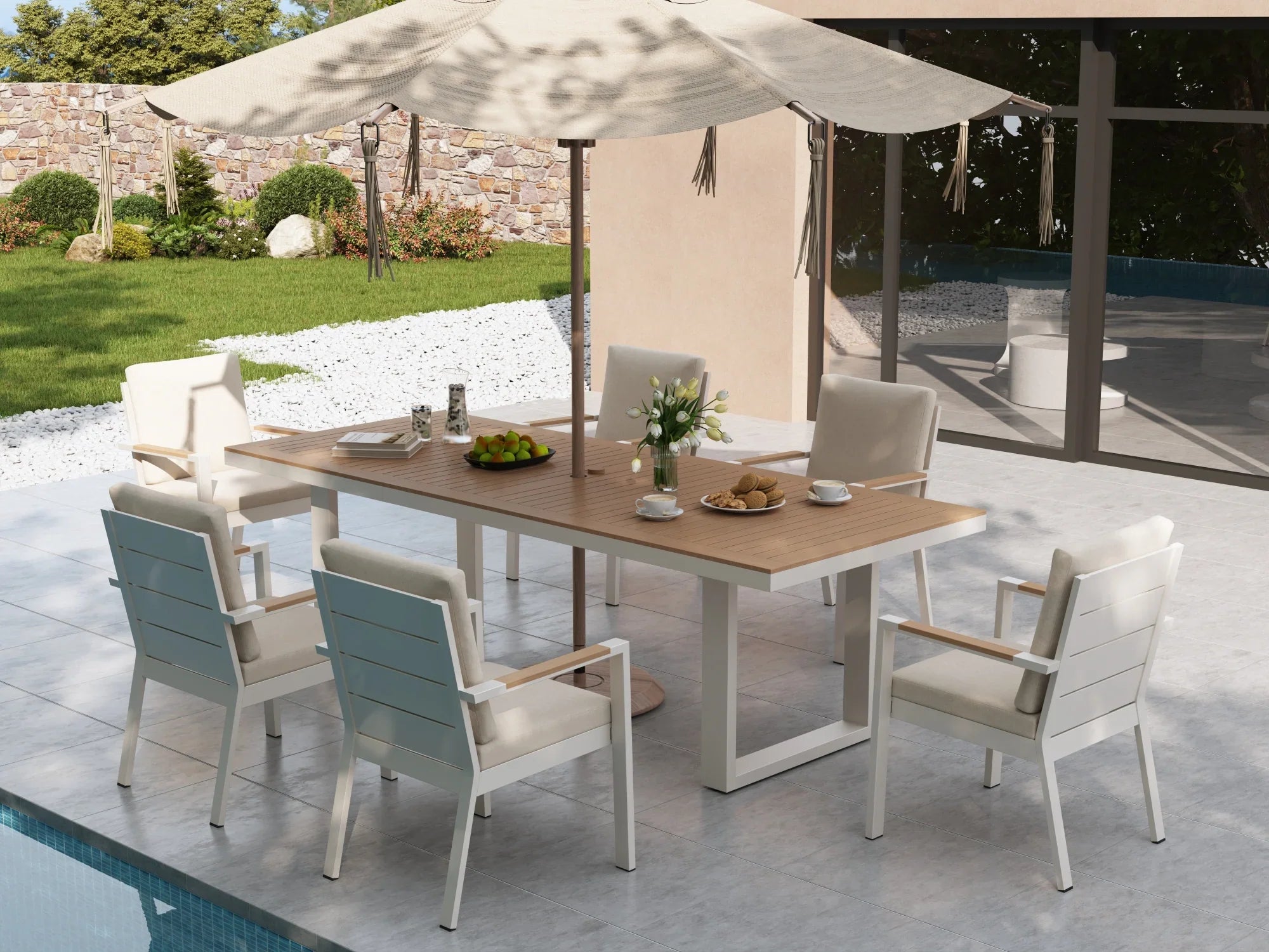 white aluminum patio dining set for 6 with umbrella hole, wood tabletop and wood armrest, white cushions - Jardina Premium Modern Outdoor Dining Furniture#Style_6 Chairs + 1 Table